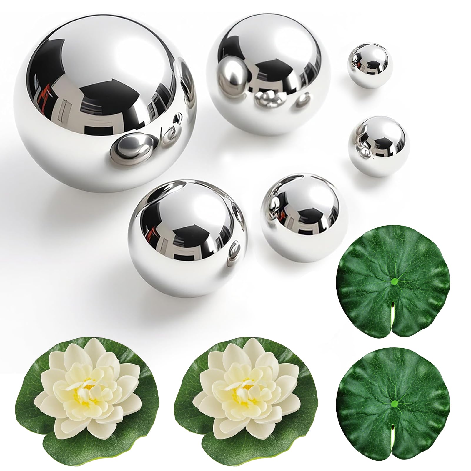 Set di 6 palline decorative, palline galleggianti, palline da giardino, argento, acciaio inossidabile con 4 foglie di loto galleggianti, fiori galleggianti, per laghetti da giardino