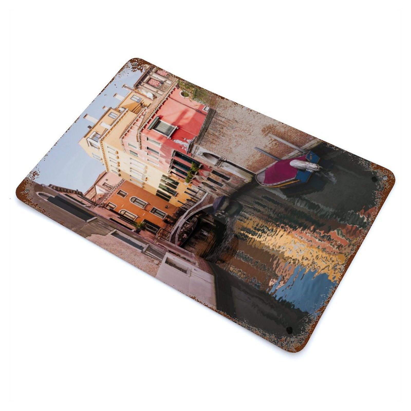 Rusty Metal Tin Sign with Canal at Sunset in Venice Design 11.8"x7.9", for Garage, Bar And Workshop Decor, Decorative Metal Wall Art