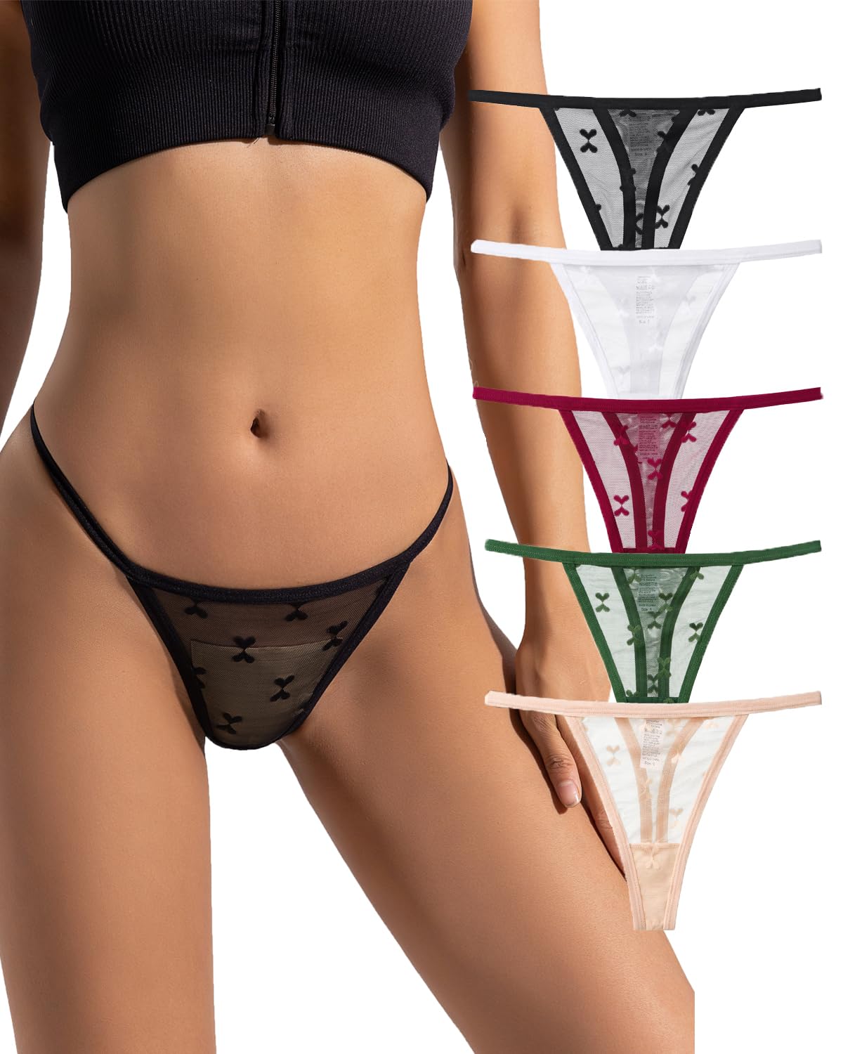 Justgoo G-String Thongs for Women T-back Lace Hollow Out Thongs Sexy Low Waist Underwear Panties 5 Pack