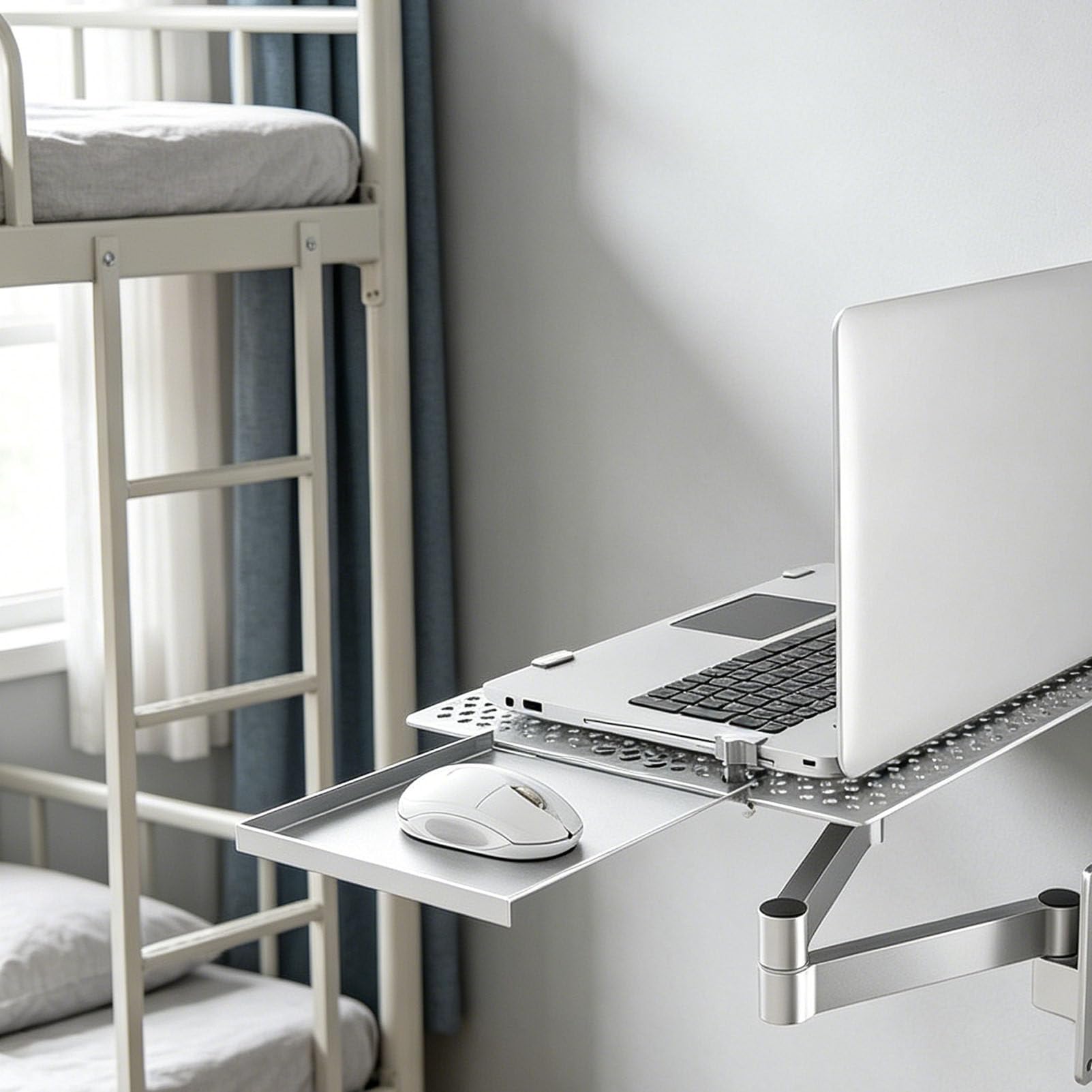 PioMue 360° Rotating Laptop Wall Mount Arm, Vented Cooling Adjustable Notebook Holder With Detachable Mouse Tray For Home Office