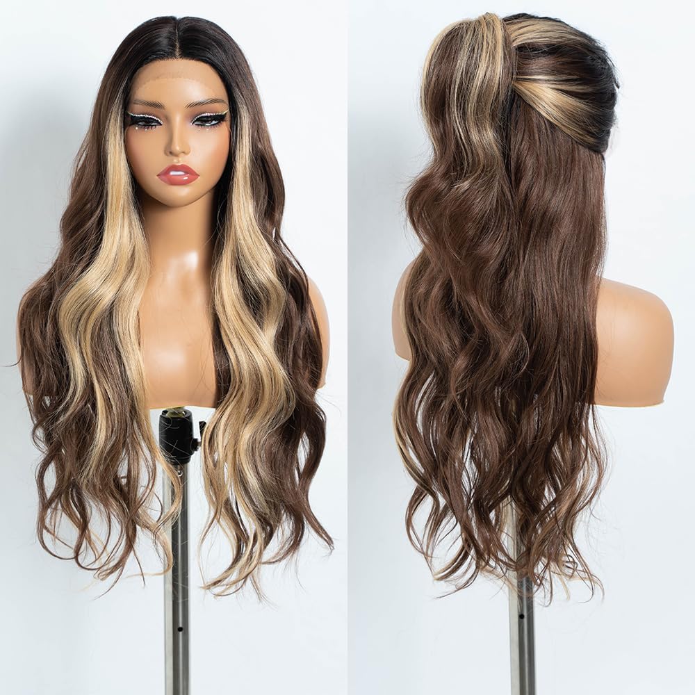 Long Wavy Synthetic Lace Front Wig for Women 30 inches Middle Part Natural Hairline Heat Resistant Fiber Wigs for Daily Party (Blown Blonde)