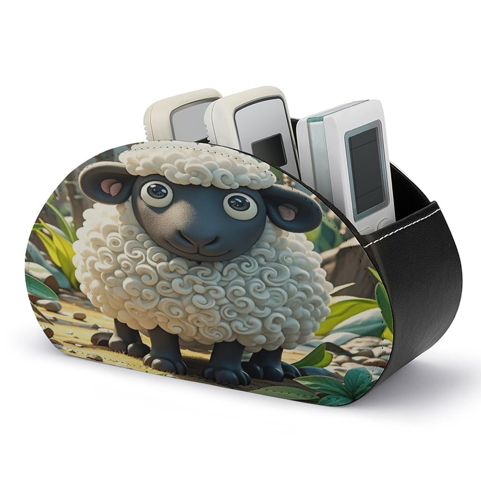 FekiLoot Cartoon Black White Sheep TV Remote Control Holder with 5 Compartments Multi-functional Leather Bedside Table Remote Caddy Desktop Storage Box for Store Pen Controller Media Player Cosmetic
