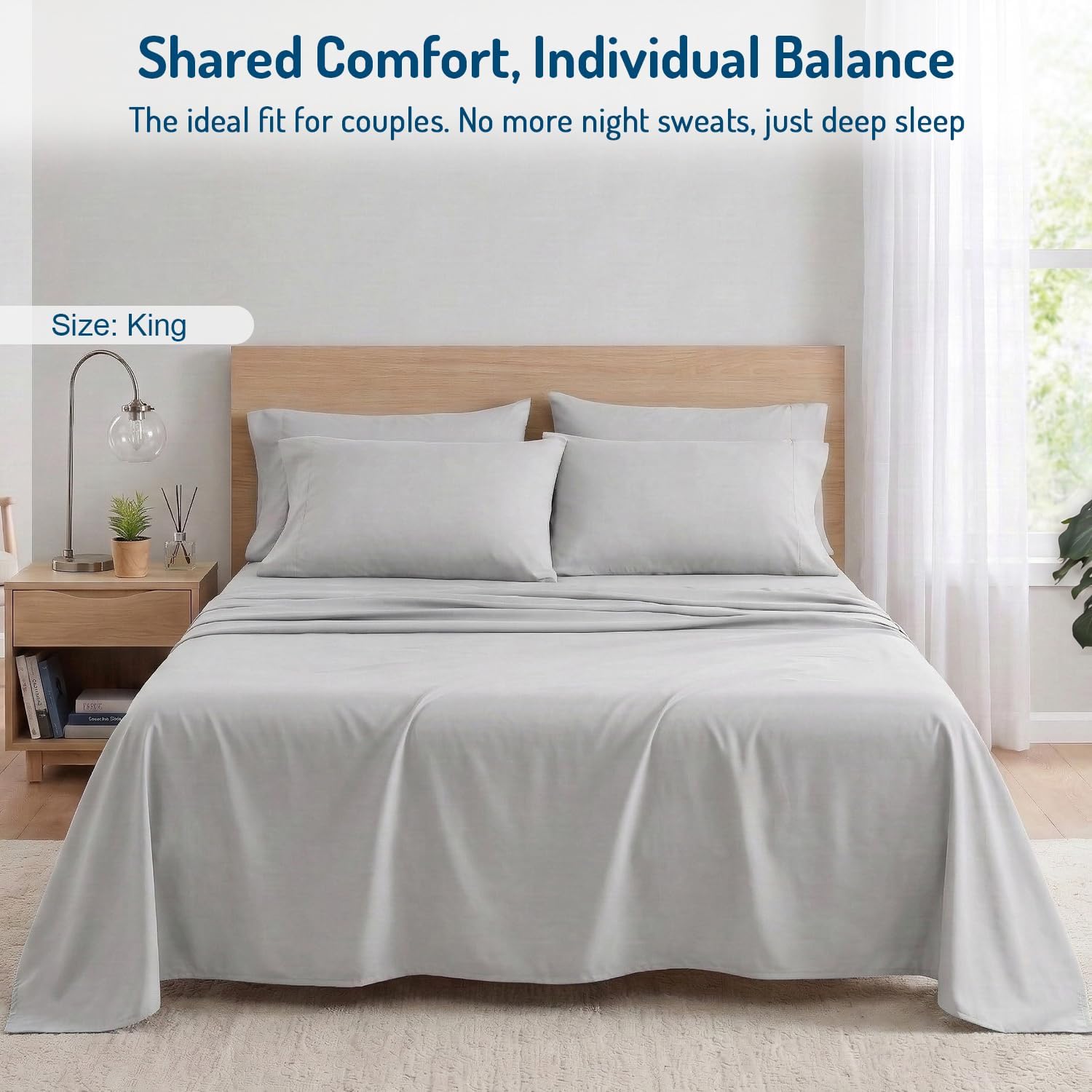 Degrees of Comfort Coolmax® Cooling Bed Sheets King Size with 18" Extra Deep Pocket, Moisture Wicking Cold Sheet Set for Hot Sleepers and Night Sweats, Cozy for All Seasons, Light Grey 4 Pieces