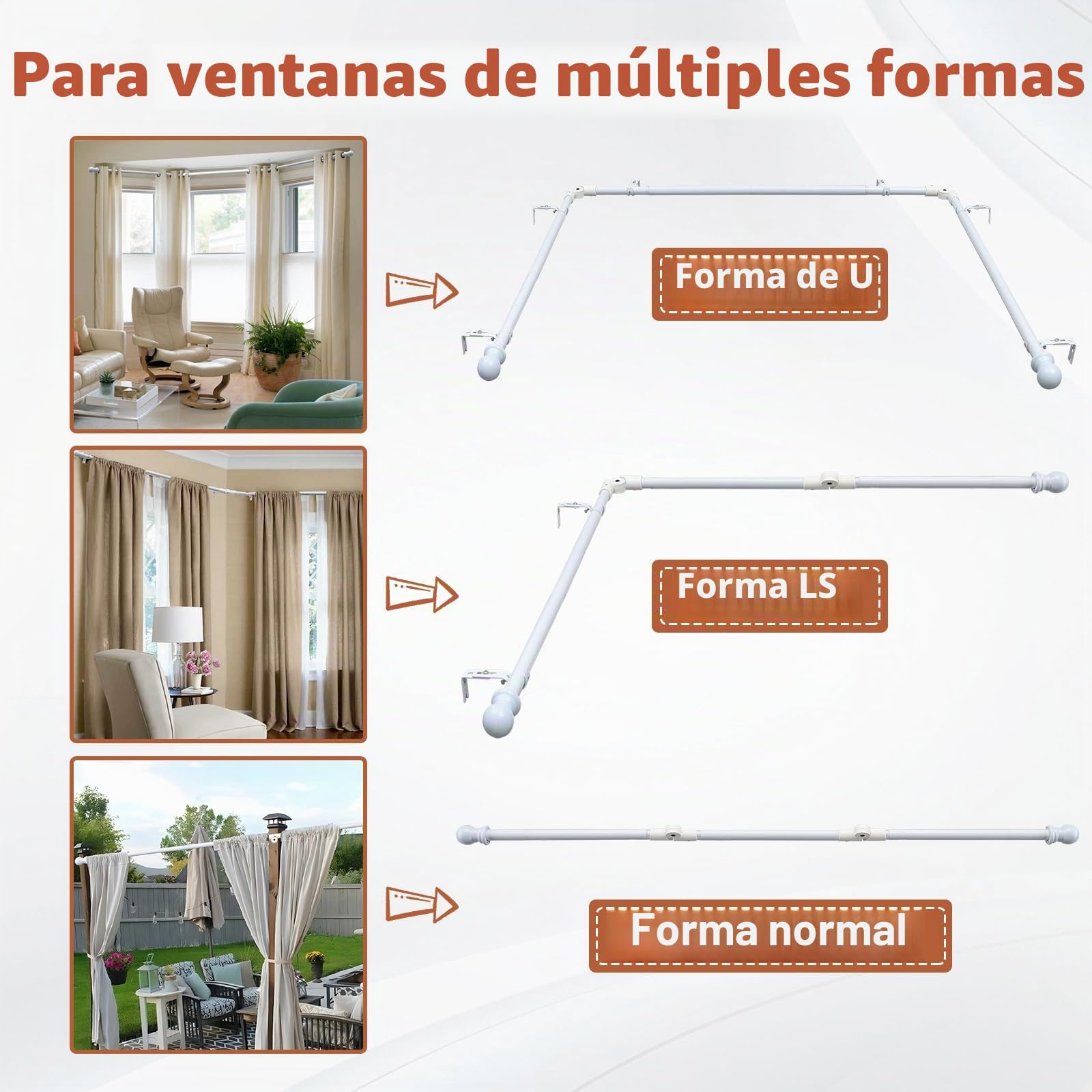 Barra de cortina de ventana de 76 a 460 cm, 2 codos incluidos, diámetro de 25 mm, barra de cortina blanca resistente de 3 lados, para dormitorio, sala de estar, ventana de esquina