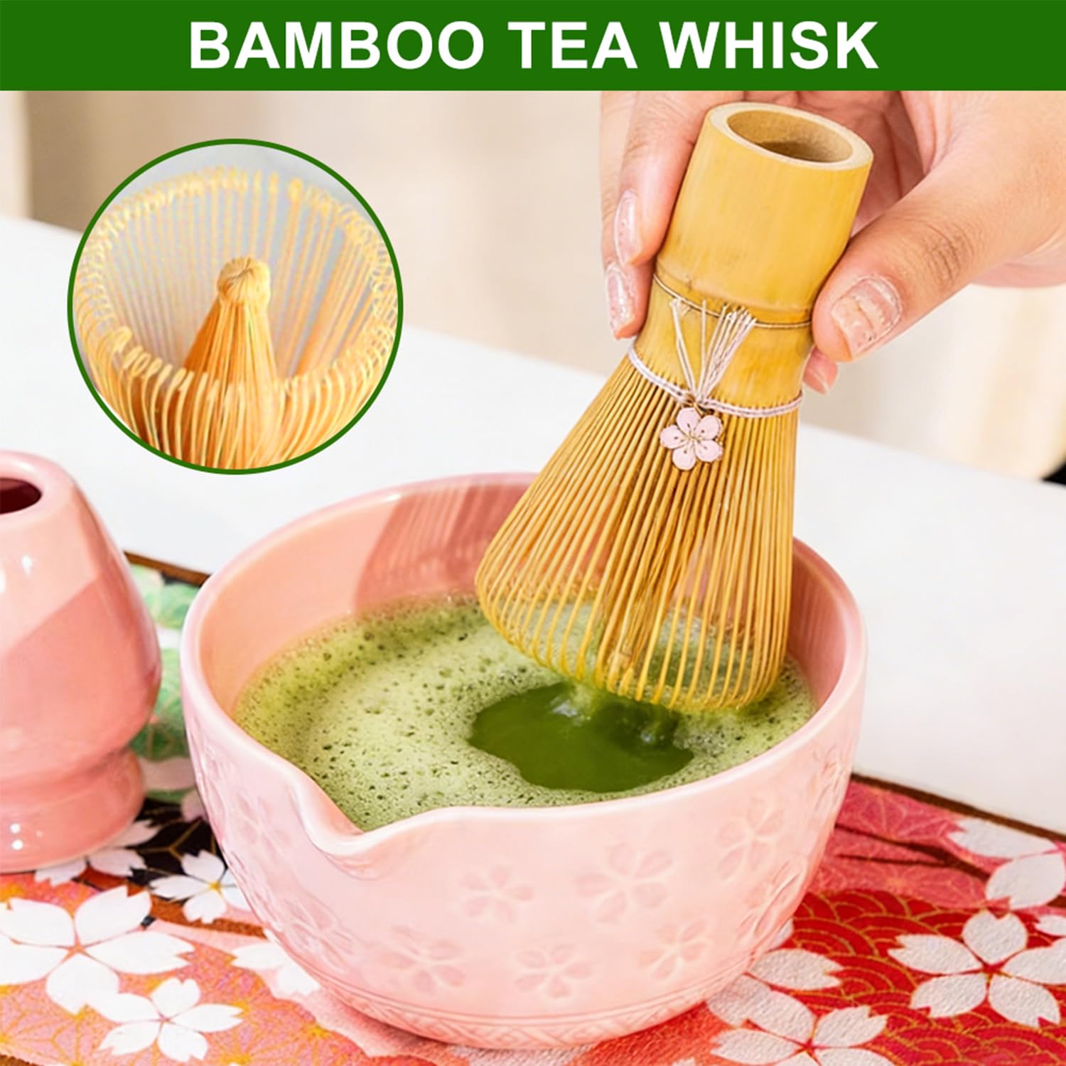 Matcha Set di 7 scope Matcha rosa, con ciotola in ceramica, frusta in bambù, frusta in bambù, cucchiaino da tè, porta cucchiaio in ceramica, colino e accessori, perfetto per gli amanti del