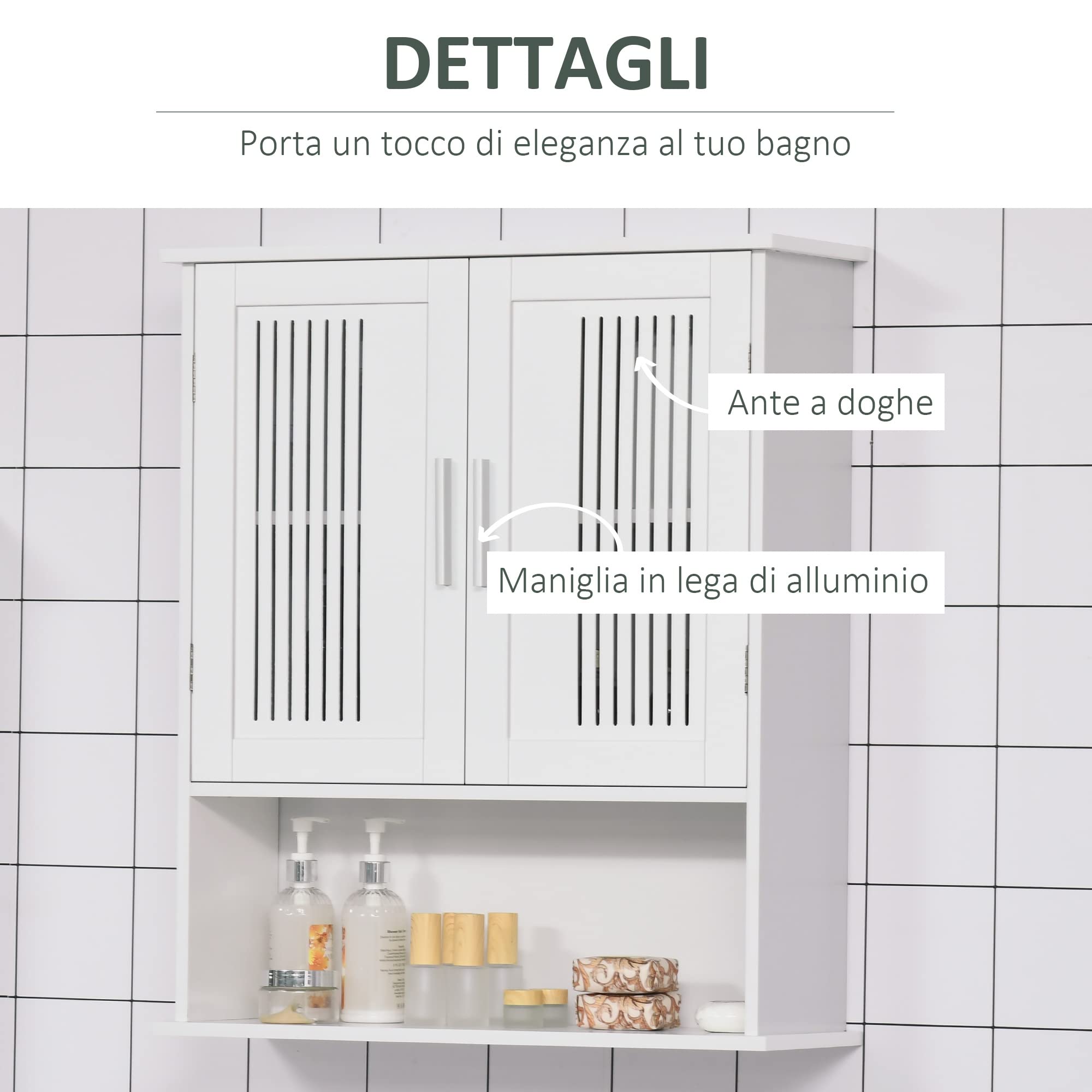kleankin Mobiletto da Bagno a Muro, Mobiletto Multiuso Salvaspazio con Armadietto a 2 Ante e Ripiano Inferiore Bianco, 60x20x70cm