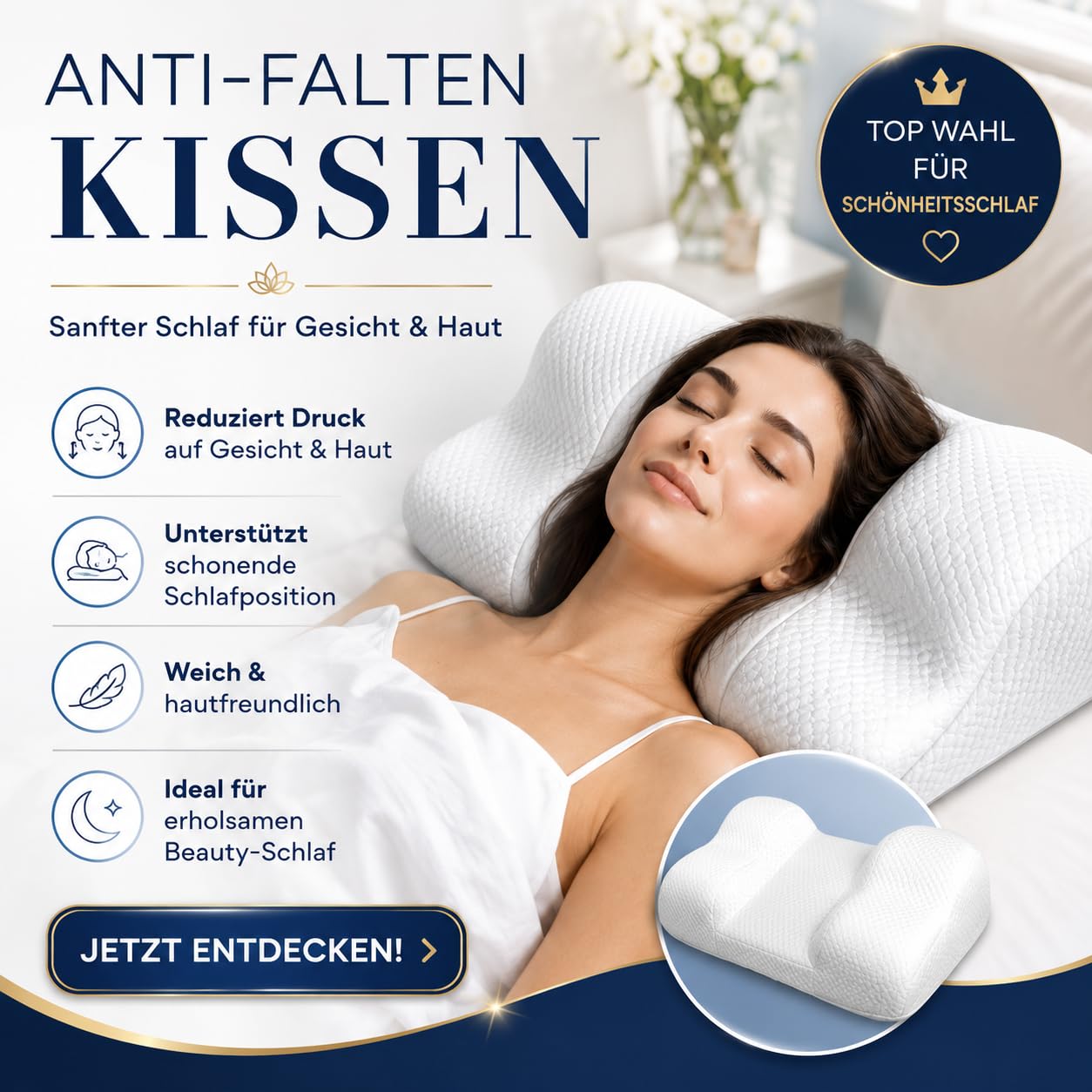 RelaxSleep Rückenschläferkissen Premium, ergonomisches Anti-Falten Kissen für stabile Rückenlage, nach Haartransplantation, Nasen-OP, Brust-OP, Botox & Beauty