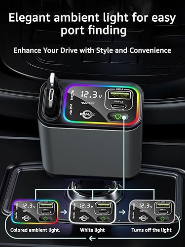Miniatura 5 de Cargador de coche retráctil USB C, cargador de coche tipo C de 107 W de carga rápida con cable retráctil dual y puertos USB para iPhone 17/16/15,