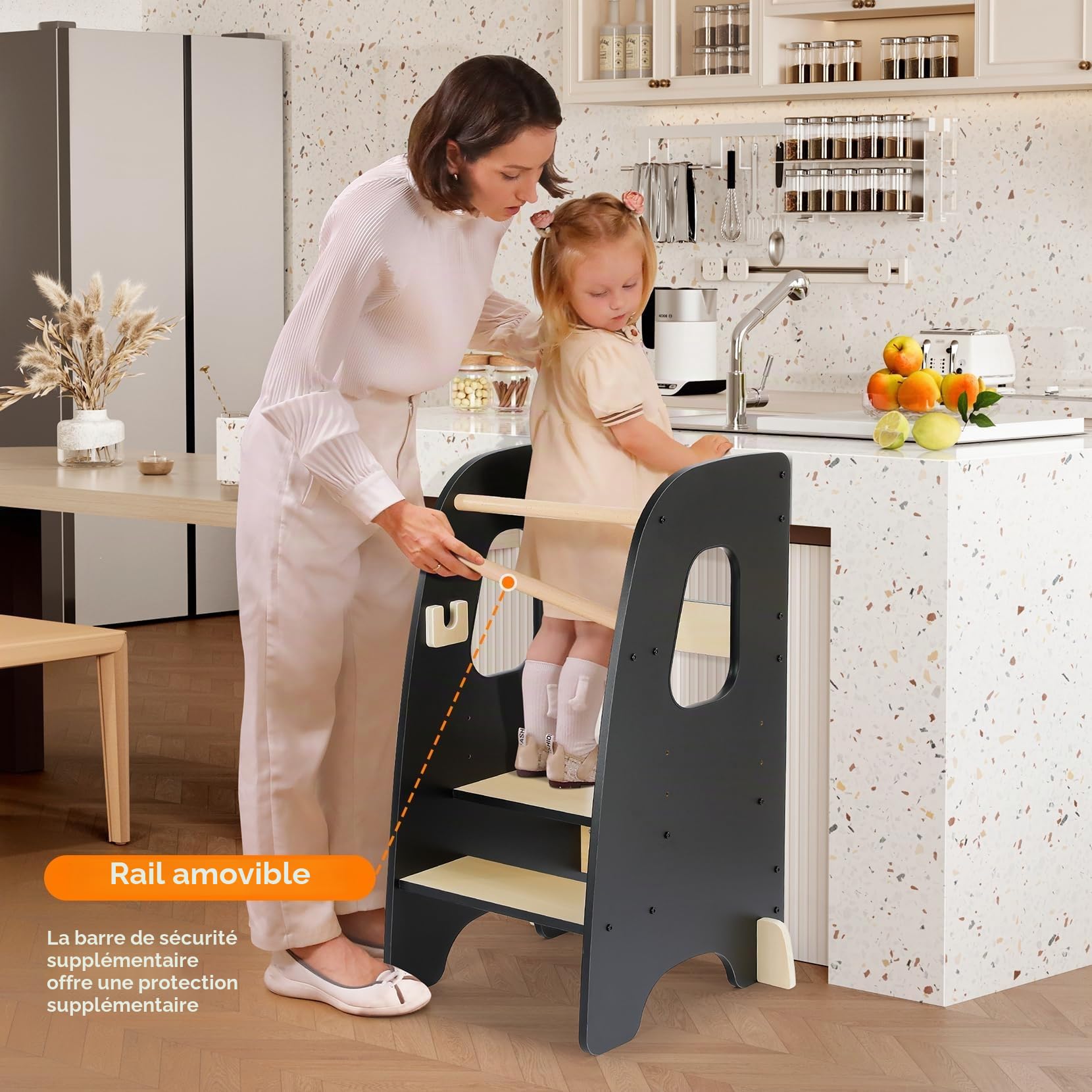 Ezebaby Tour d'apprentissage pour Enfants, Tour d'apprentissage 3 Hauteurs Réglables, Tour d'observation Enfant Montessori, Tour Eveil Bébé en Bois (Noir)