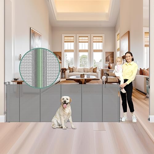 Miniatura 14 de Puerta retráctil reforzada de 80 pulgadas para bebés, puerta extra ancha para bebés para amplias aberturas, puerta retráctil para perros para
