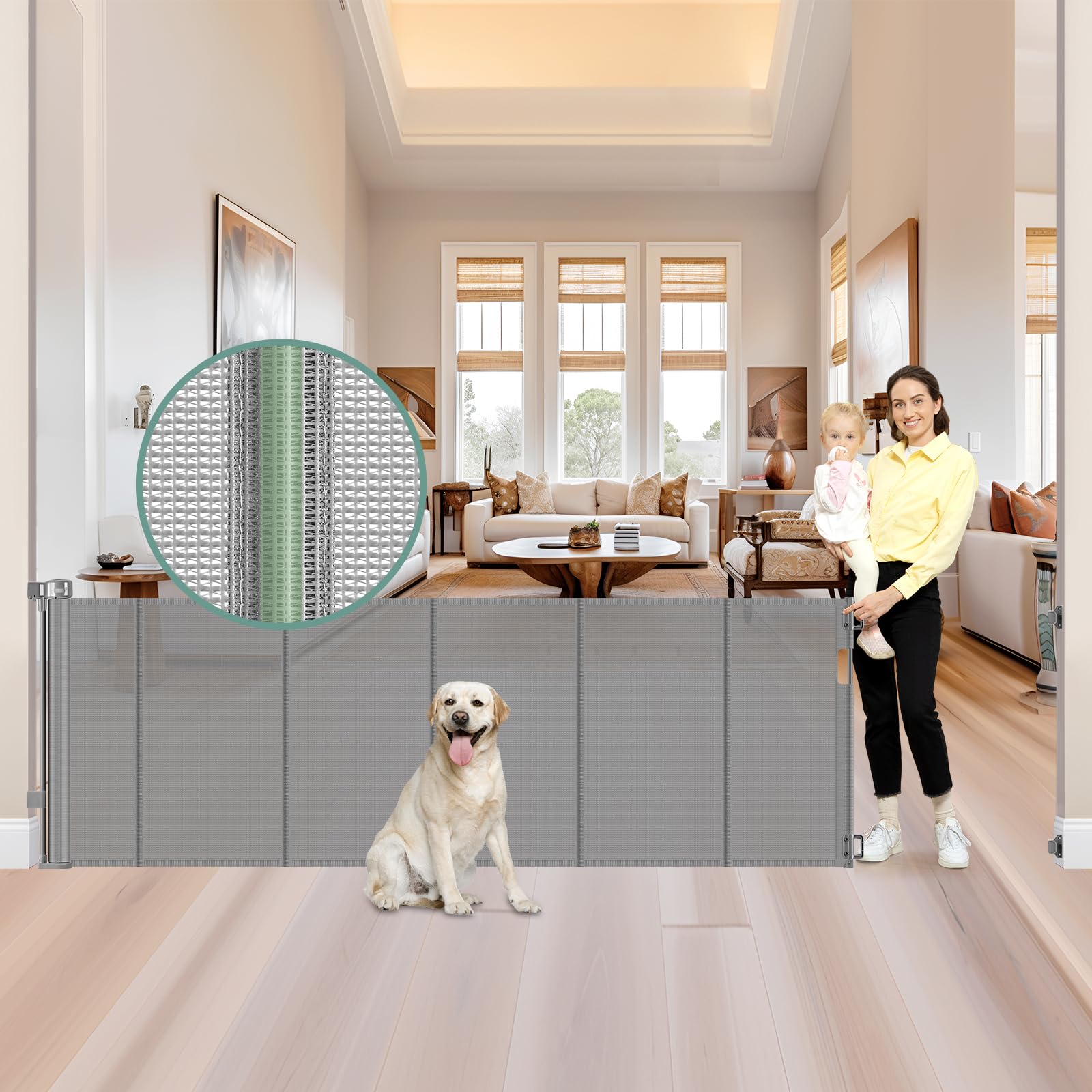Reinforced 159 Inch Extra Wide Retractable Dog Gate with Support Rods, Indoor/Outdoor Retractable Gate, Prevent Babies and Dogs from Crawling Through