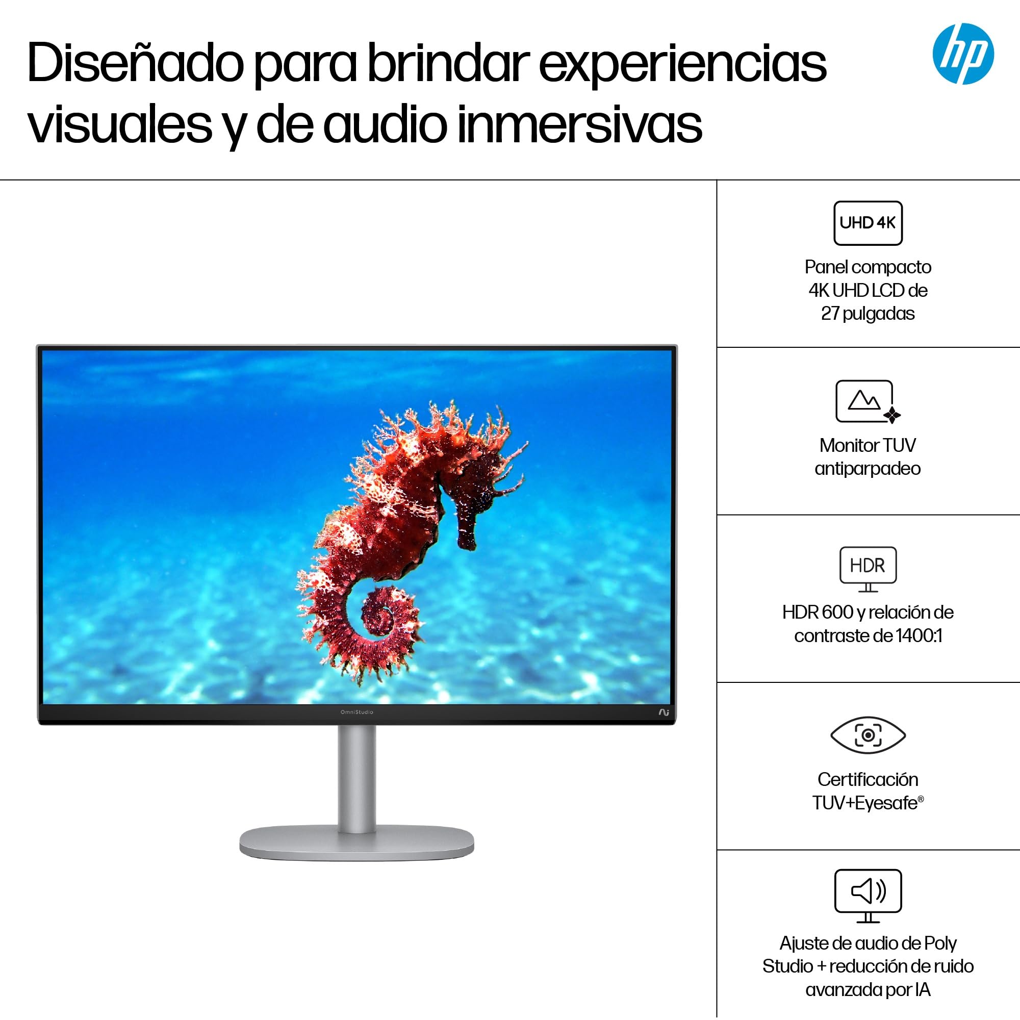 HP OmniStudio X All-in-One 27" 4K UHD (Procesador Intel Core Ultra 7 258V con IA, 32GB RAM, 1TB SSD, Gráficos Intel ARC, Windows 11 Home) Teclado QWERTY Español - Silver