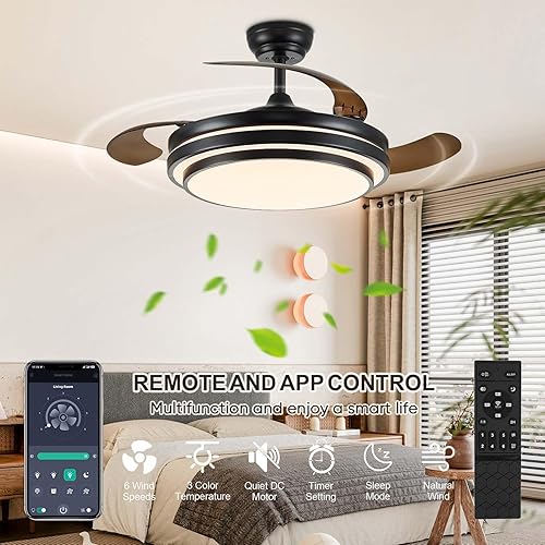 Miniatura 7 de Ventilador de techo de 42 pulgadas con luz, ventilador de techo retráctil con luces para dormitorio, sala de estar, comedor, lámpara con ventilador