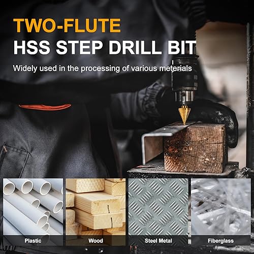 Miniatura 5 de Broca de titanio con 10 tamaños, brocas de acero de alta velocidad de 14 a 1-38 pulgadas para corte de perforación de agujeros de chapa, agujero HSS