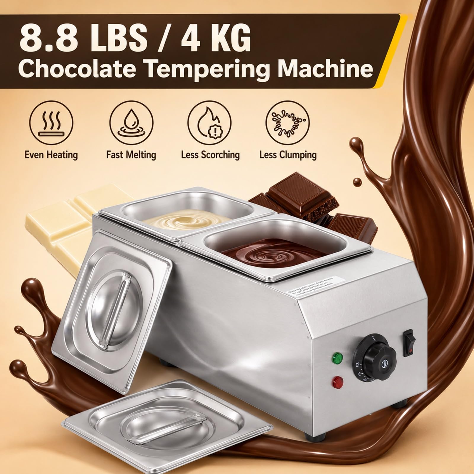 Generico Fonditore Elettrico per Cioccolato 1000W, Temperatrice Commerciale a 2 Vasche, Scaldaliquidi Automatico 6L - Regolabile per Cioccolato, Formaggio e Latte