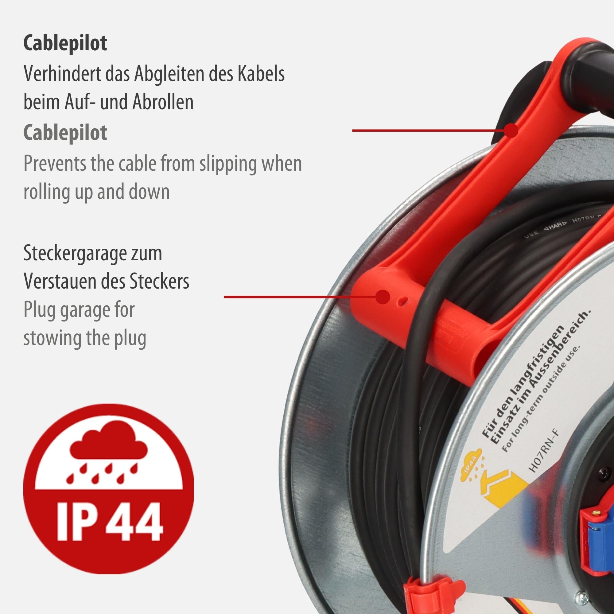 Brennenstuhl Garant S IP44 Kabeltrommel (40m Kabel in schwarz, aus Stahlblech, für den ständigen Einsatz im Außenbereich, Made in Germany) silber