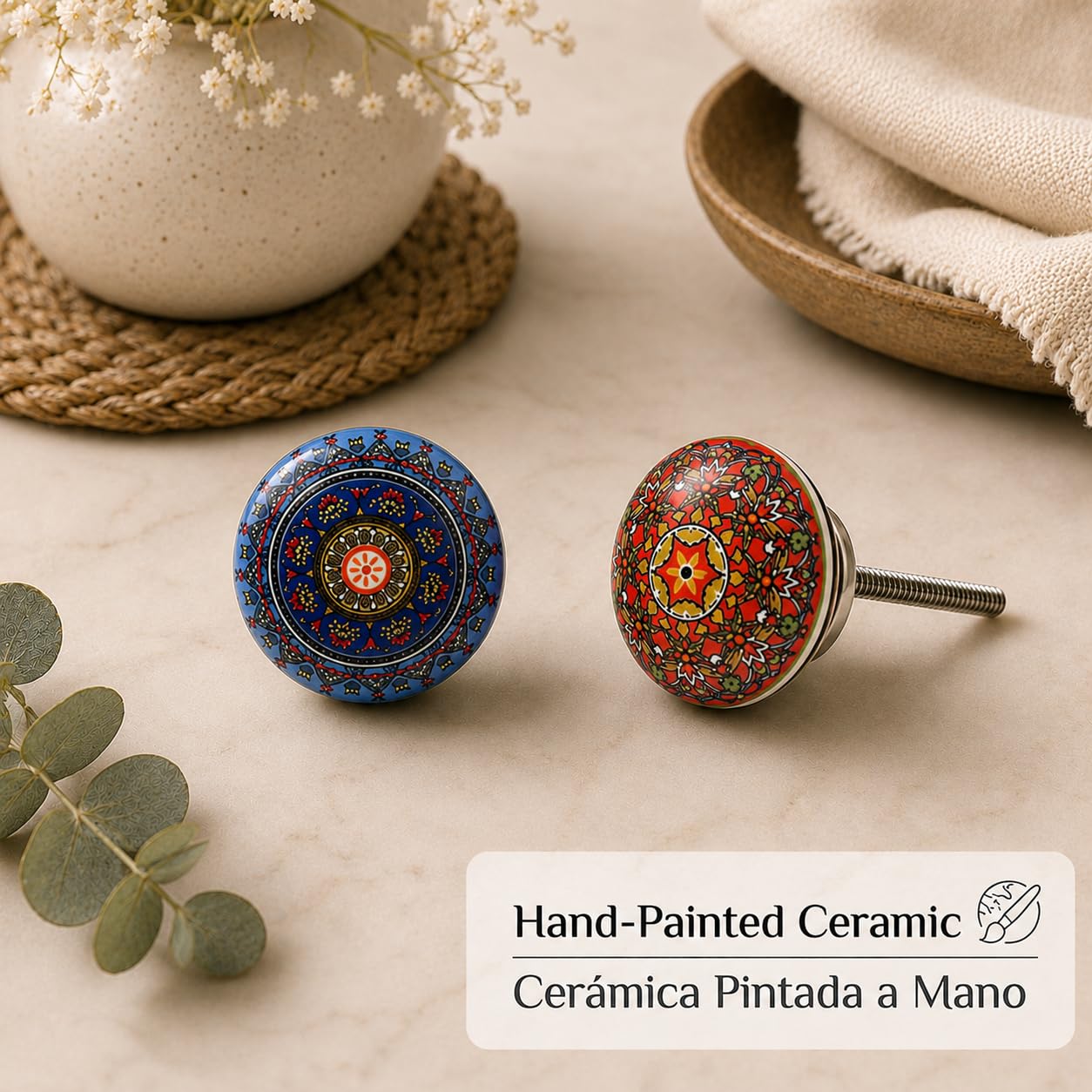 Nacnic 10 Pomos de Cerámica con Flores Estilo Mandala | Tiradores Artesanales para Cocina Cajones Armarios Muebles de Baño | Perillas de Pintadas a Mano | Diámetro y Longitud Perno 40 mm