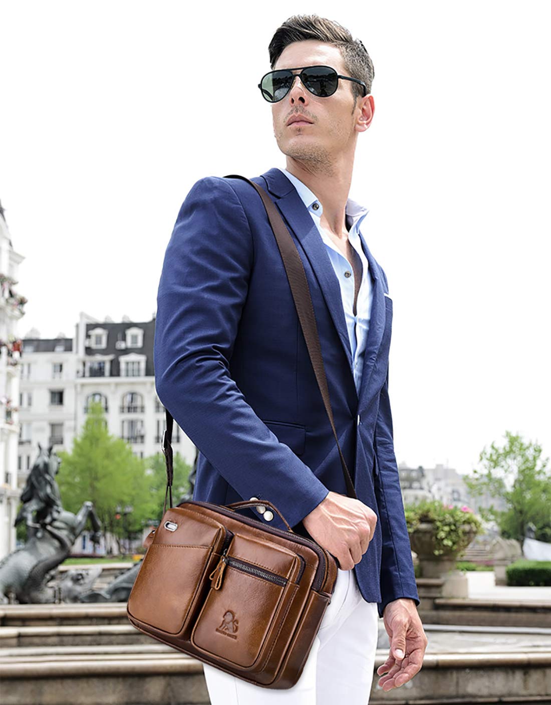 FANDARE Umhängetasche Herren Schultertasche Männerhandtasche Laptoptasche Leder Messenger Bag Arbeitstaschen Businesstasche Ordner Arbeit Reise Sport Schulranzen Kuriertasche Collegetasche Braun