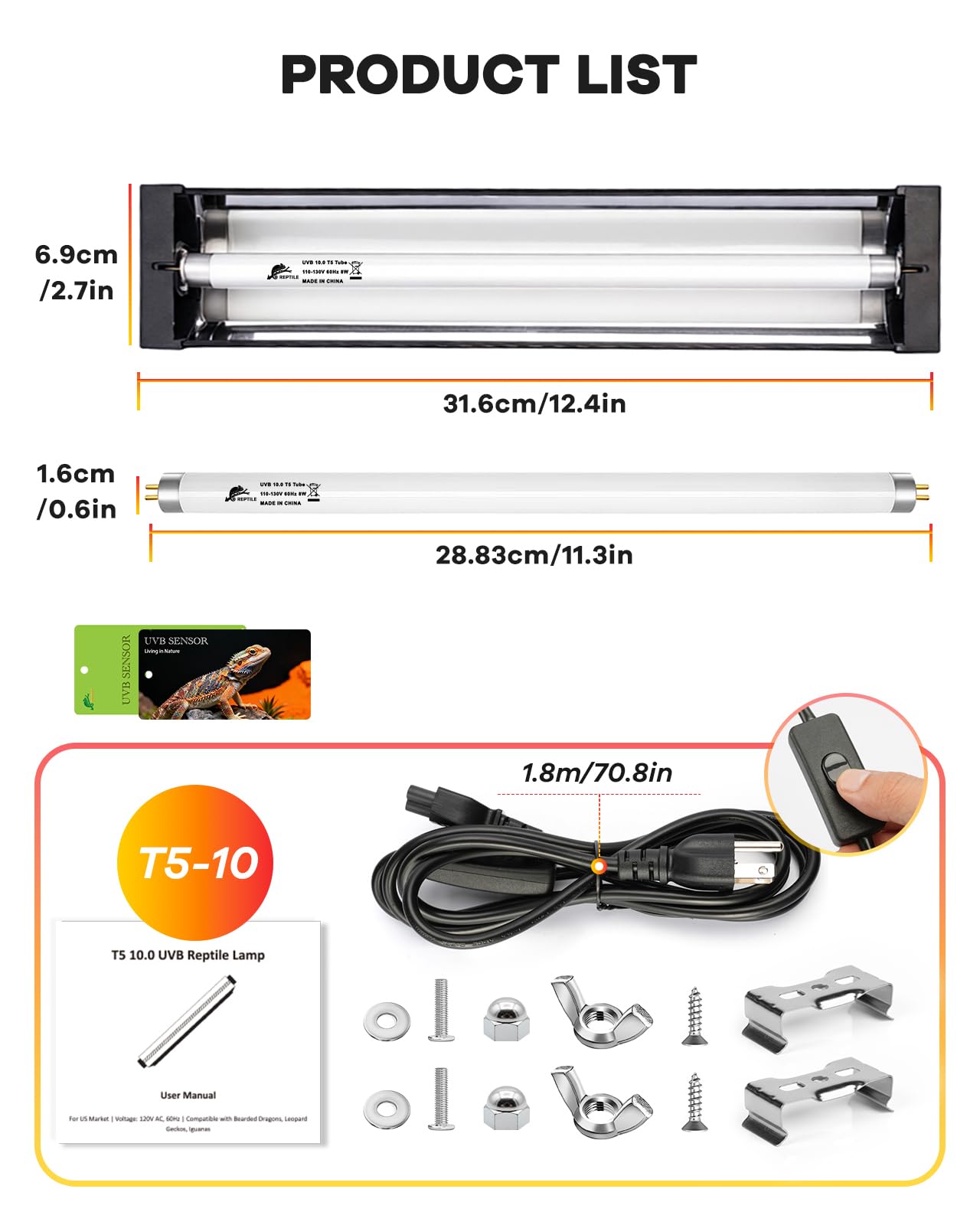 Haceryc UVB Light for Reptile 8W, T5 UVB Reptile Light Fixture HO Combo Kit with Test Sensor Cards, 12" High Output Reptiles Light Bar UVA UVB Desert Lamp for Turtle Lizard Bearded Dragon Tank - image 8
