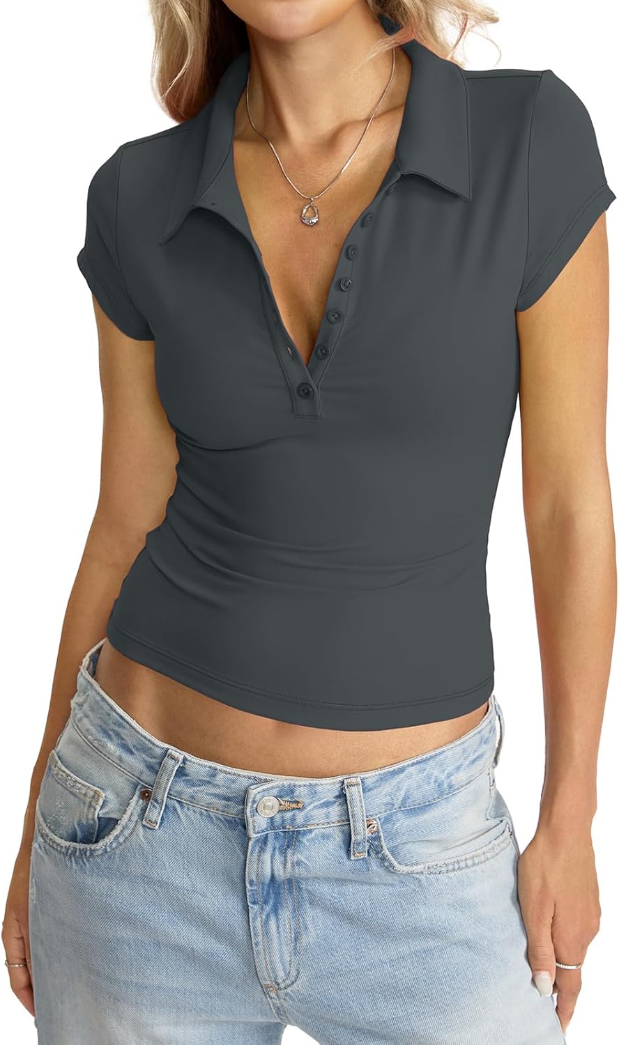 Womens Polo Shirts Deep V Neck Cap Sleeve Tops Collared Sexy Summer Tee Button Down Business Casual Clothes 2026 - Image 2