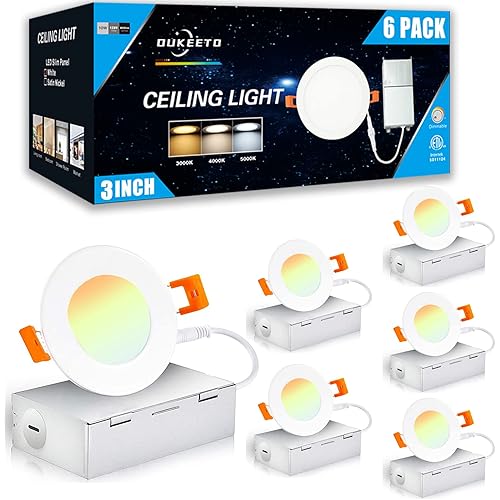 3 Inch Led Recessed Light, 3000K/ 4000K/ 5000K 3 Color Selectable, 6W=45W 450Lm Ultra-Thin Dimmable Downlight Led Wafer Ceiling Light with Junction Box - ETL and Energy Star Certified(6 Pack)