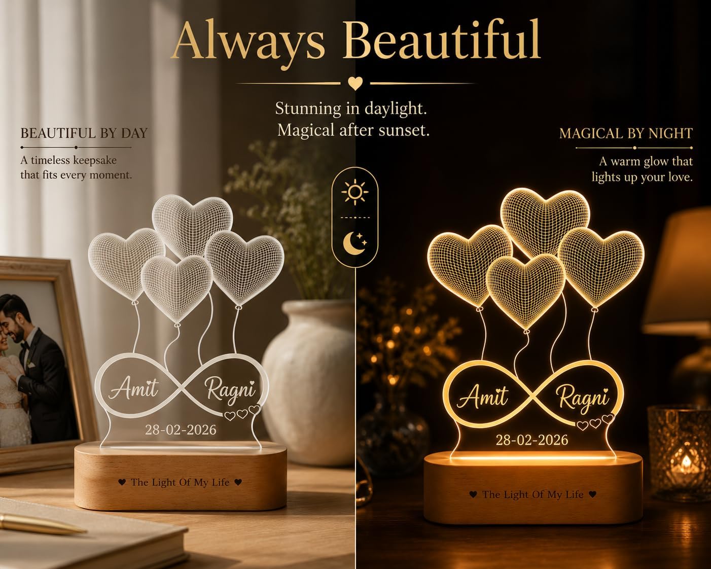 ZOCI VOCI Personalized Lamp for Couples with Custom Name & Date Engraving, 3D Illusion Heart Lamp, Romantic Gift for Wife & Husband, Wedding, Anniversary & Engagement 3