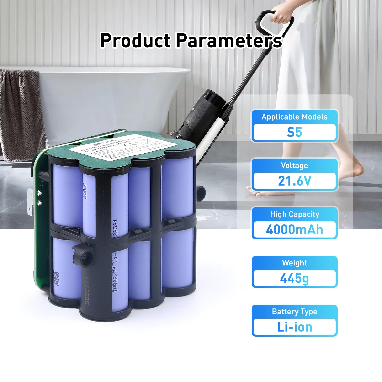 NASTIMA 21,6V 4000mAh Li-ION Batterie pour Tineco Floor One S5 Pro 2 | Batterie de Remplacement pour Tineco Floor One S5 Smart/Steam Aspirateur, pour FW100100CN FW100400CN FW100700CN, 1000+ Cycles