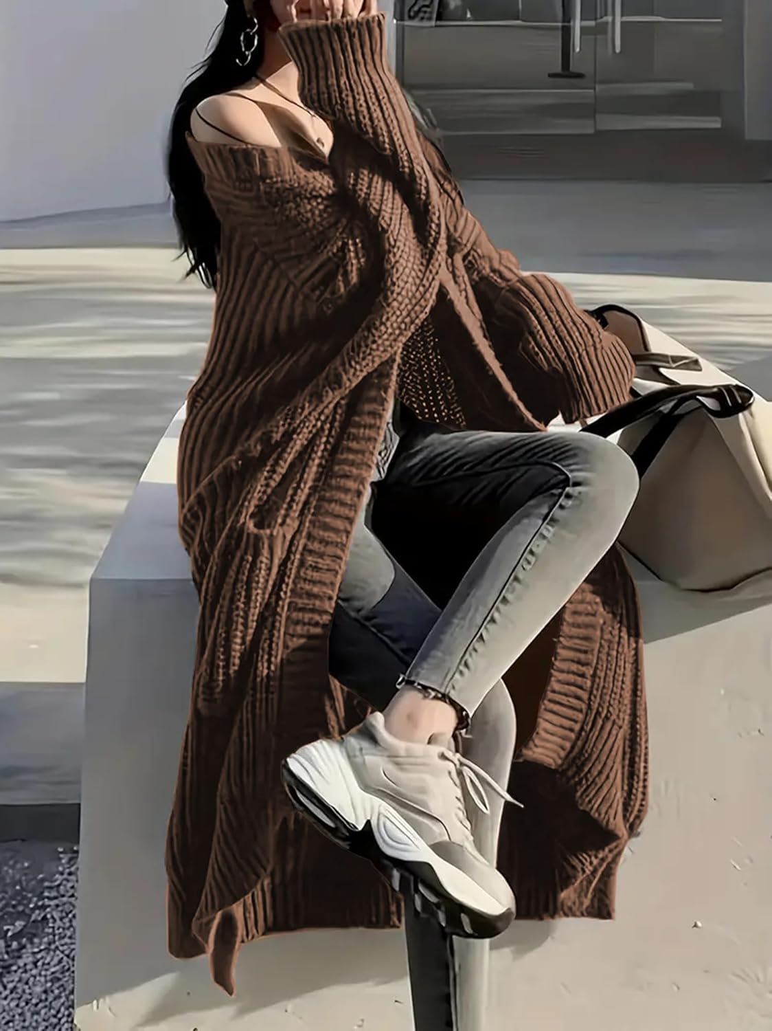 Women's Plus Size Oversized Long Cardigan Sweaters Chunky Knit Open Front Duster Coats with Pockets Winter Outwear - Image 4