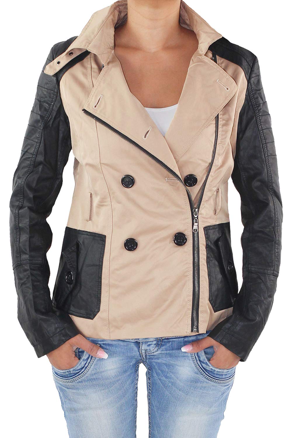 Damen Übergangs Mantel Trenchcoat Jacke Kunstleder Doppelreiher Bikerjacke Jacket Übergangsjacke Parka mit Bindegürtel Beige