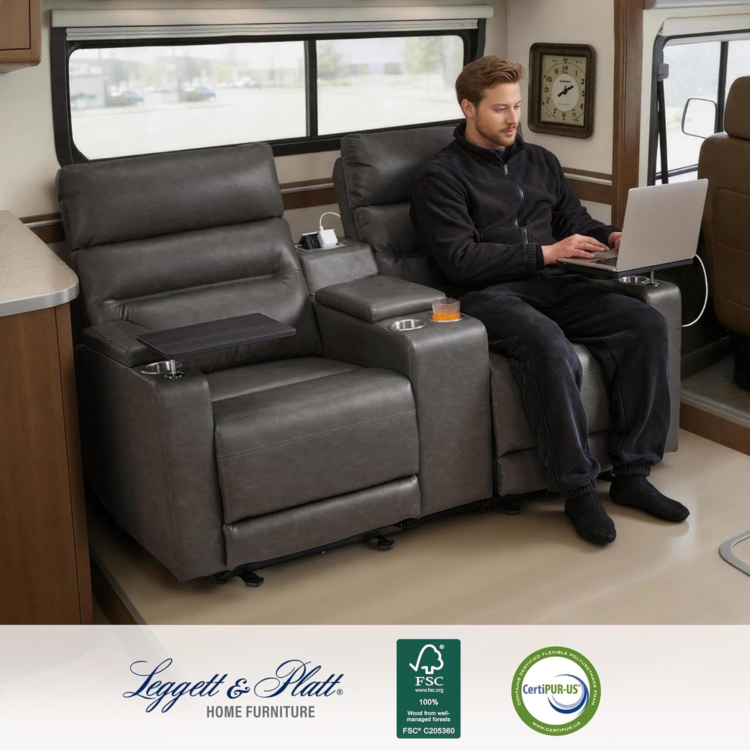 MCombo 65.5" Wall Hugger Power Reclining Loveseat with Console and Outlets for Small Spaces, RV Loveseat Sofa with Armrest Storage, 360° Swivel Tray Table, USB & Type C Ports RV01M2 (Dark Grey)