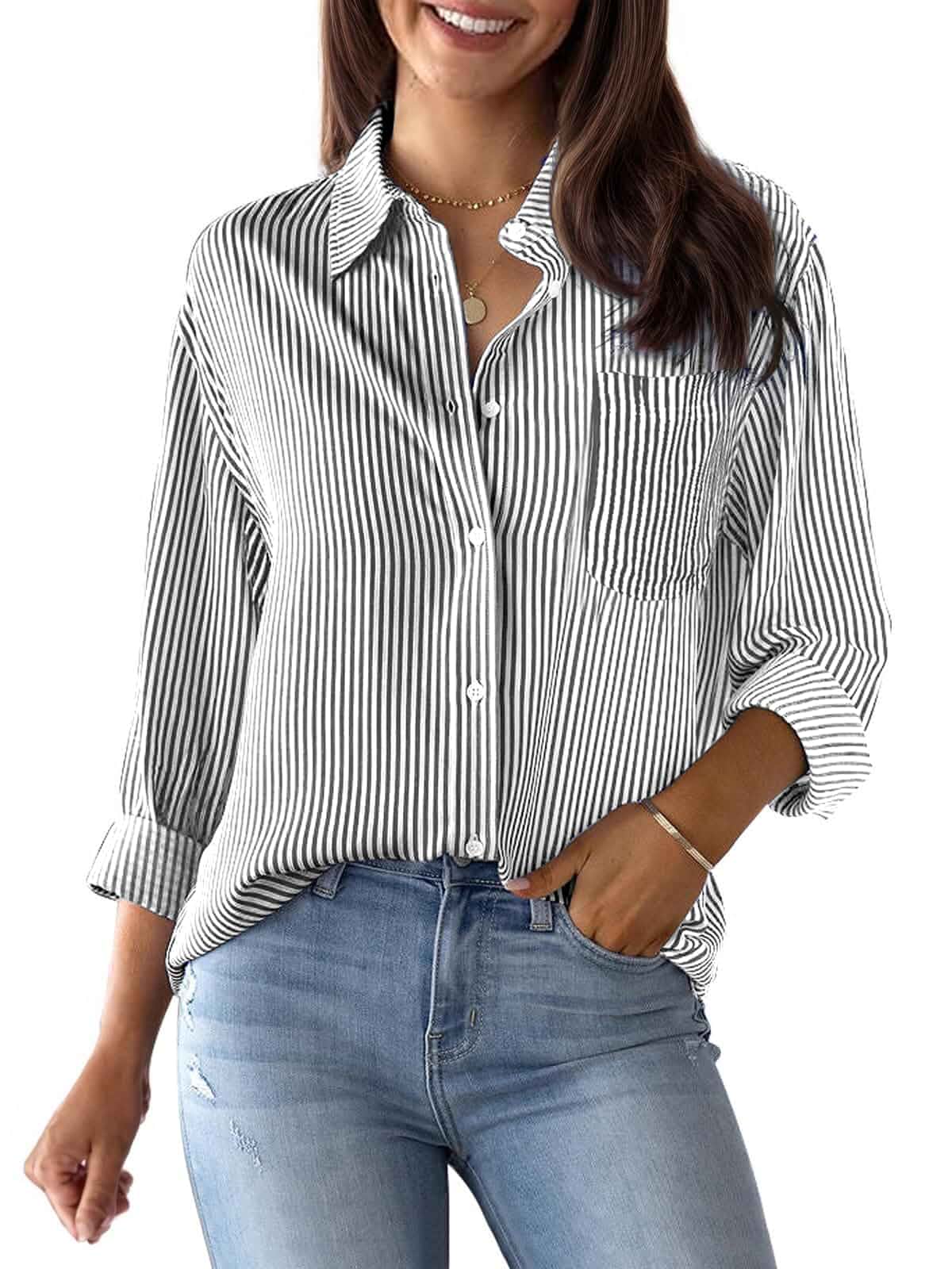 Striped Button Down Shirts for Women Cotton Dress Shirts Long Sleeve Collared Blouses Work Business Casual Tops