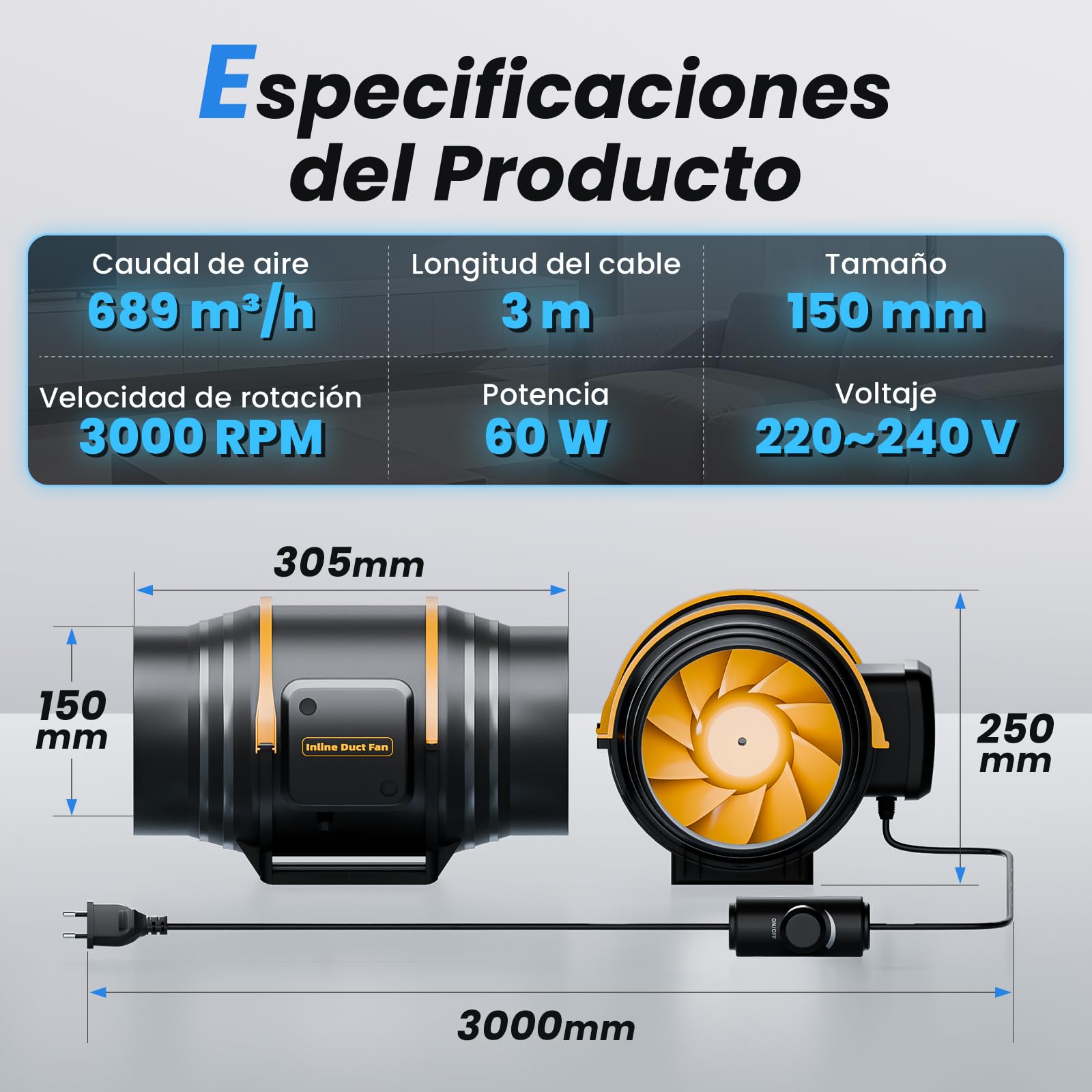 Ventilador de conducto regulable 150 mm con regulador de velocidad, Extractor en línea, motor con doble rodamiento de bolas, protección contra sobrecalentamiento, enchufe EU, cable VDE 3 m