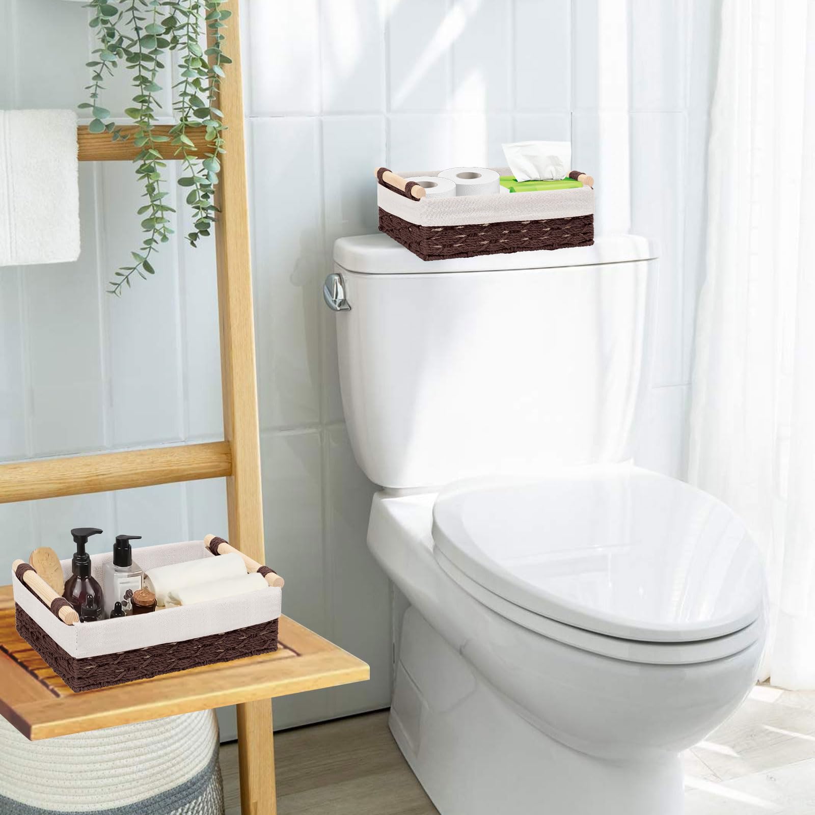 Cestini Bagno Portaoggetti, Set di 2 Cesto Portaoggetti Intrecciato con Maniglia, Cestino Vimini Piccolo, Scatola di Stoccaggio del Bagno, Impilabile, Adatti per Bagno, Camera da Letto e Armadi