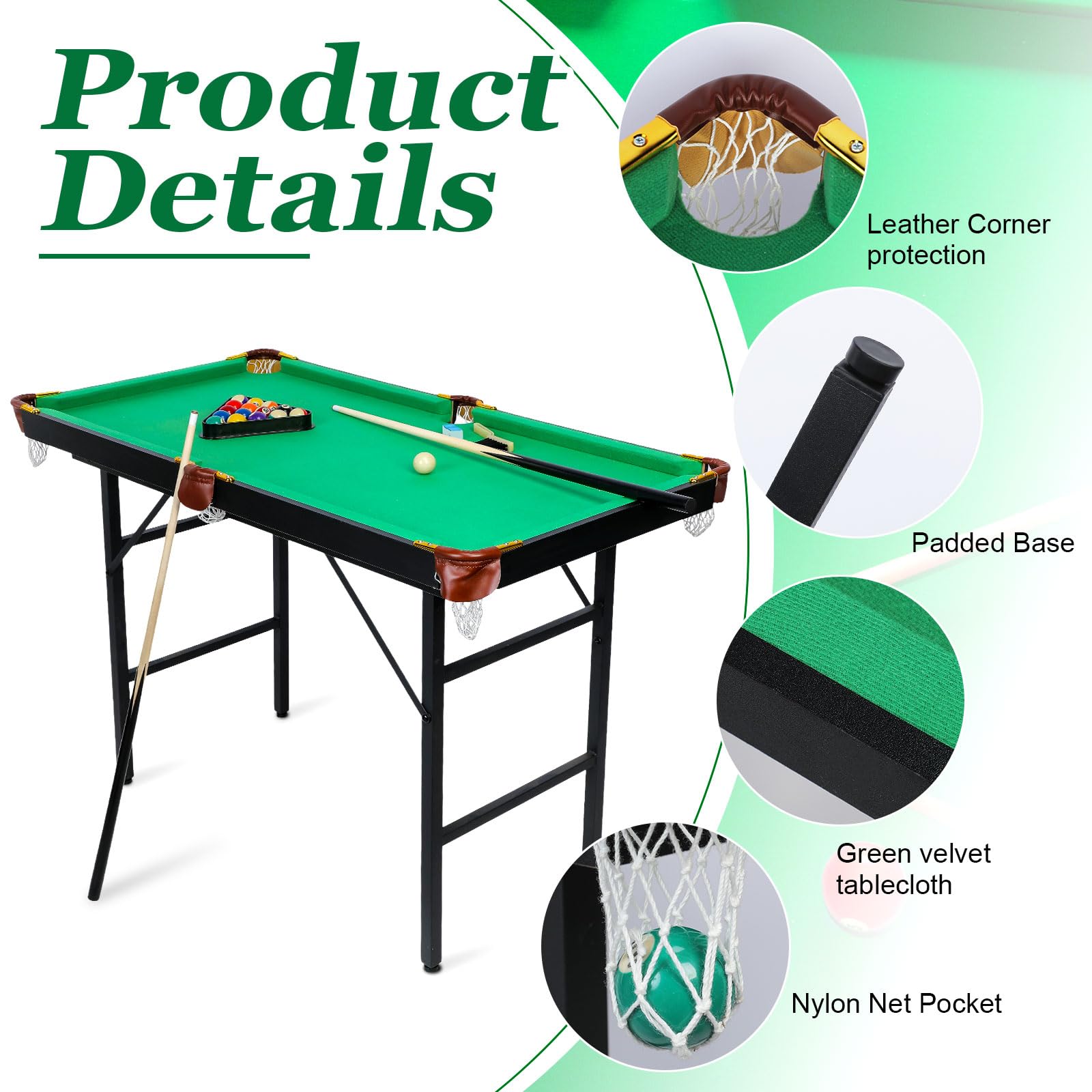 Leyndo 48'' Pool Table Foldable Billiard Table Set Portable Pool Table with 2 Cue Sticks, 16 Balls, Triangle, 2 Chalk, Brush for Kids Adults Indoor Home Office Gifts for Christmas