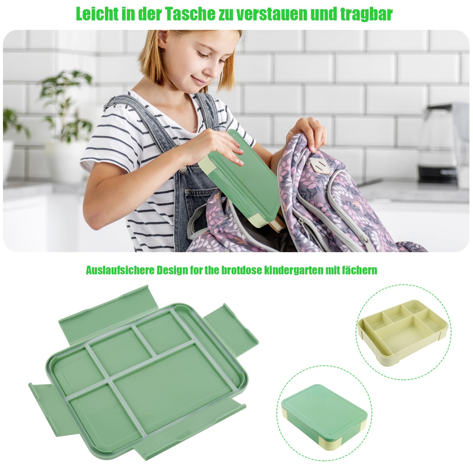 Lompyeu Brotdose Kinder 1330ml - 6 Fächer Mit Besteck, Mikrowellengeeignet