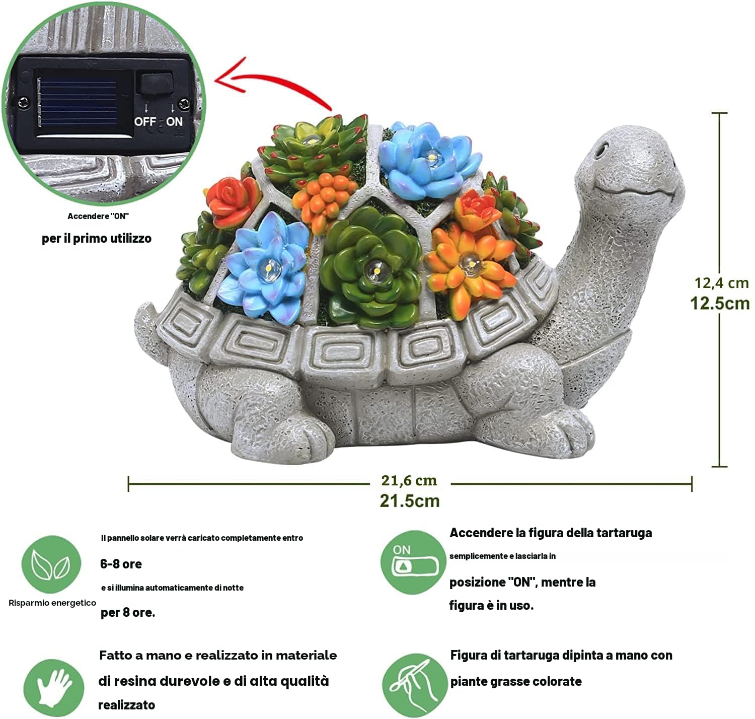 Yeomoo - Statuetta da giardino a energia solare a forma di tartaruga con piante grasse e 7 luci a LED, decorazione per esterni, casa, balcone, camera da letto