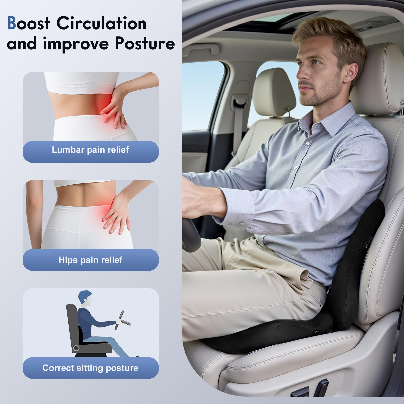 Coverado Memory Foam Car Seat Cushion and Lumbar Support Pillow for Car Ergonomic Office Chair Cushion for Lower — view 2