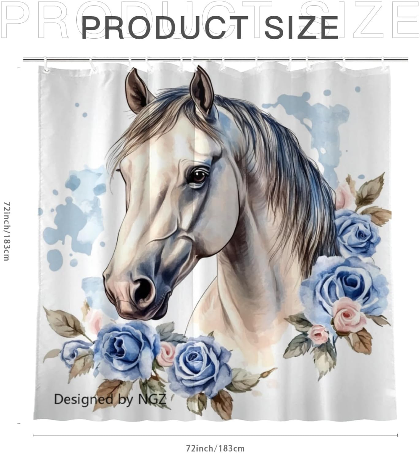 NGZ Valentine Floral Shower Curtain for Decoration, Horse with Blue Rose, 72x72 Inch, Fabric, with 12 Hooks