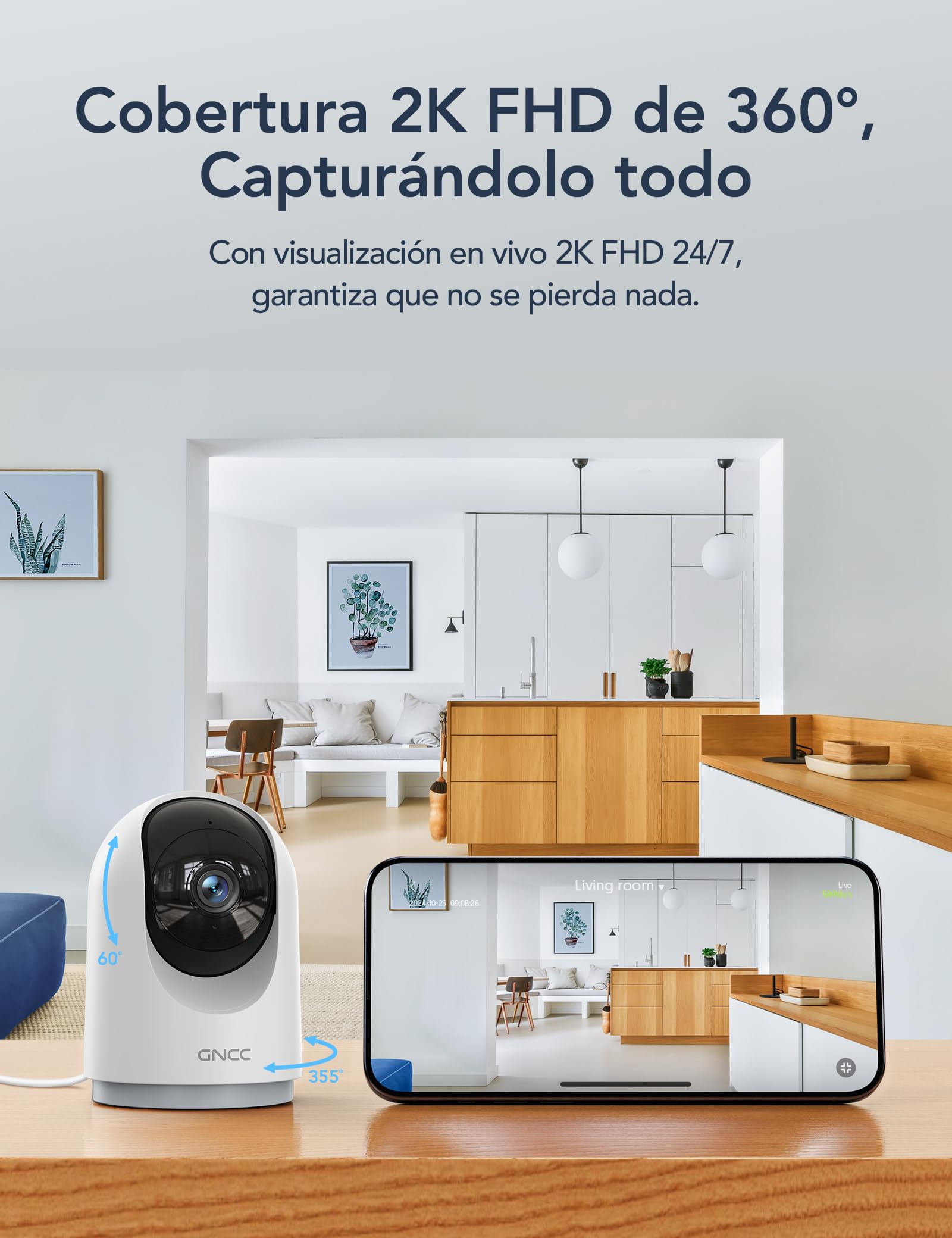 GNCC Camara Vigilancia WiFi Interior 355° PTZ 2K Cámara Vigilancia Interior con Seguimiento, para Adecuado para Bebés/Mascotas/Familia, Detección de IA, Audio Bidireccional, Visión Nocturna, 2,4GHz