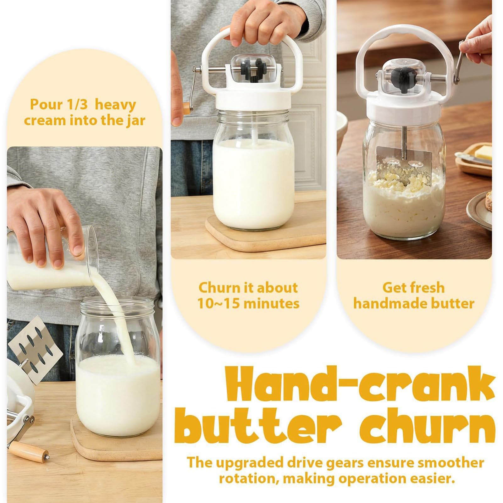 Manueller Butterkanner mit Glasgefäß und Holzgriff, 1,5 l Handkurbel Butterbereiter und verbessertes Getriebesystem für hausgemachte Butter und Backen