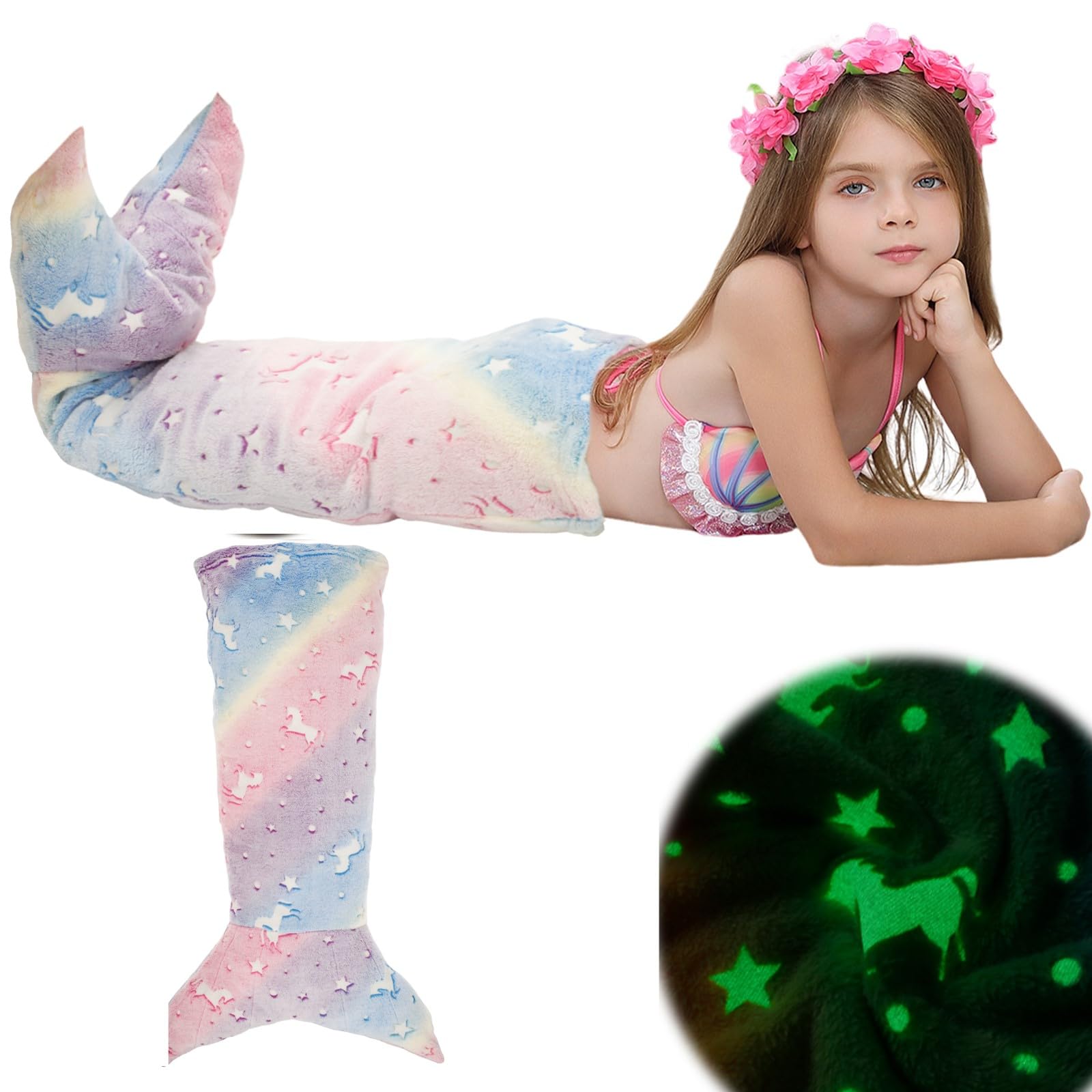 LYDODOKA Mermaid Tail Blanket, Flannel Mermaid Sleeping Bag, Luminous Snuggle Blanket Sofa Blanket, Gift Idea for Girls (B)
