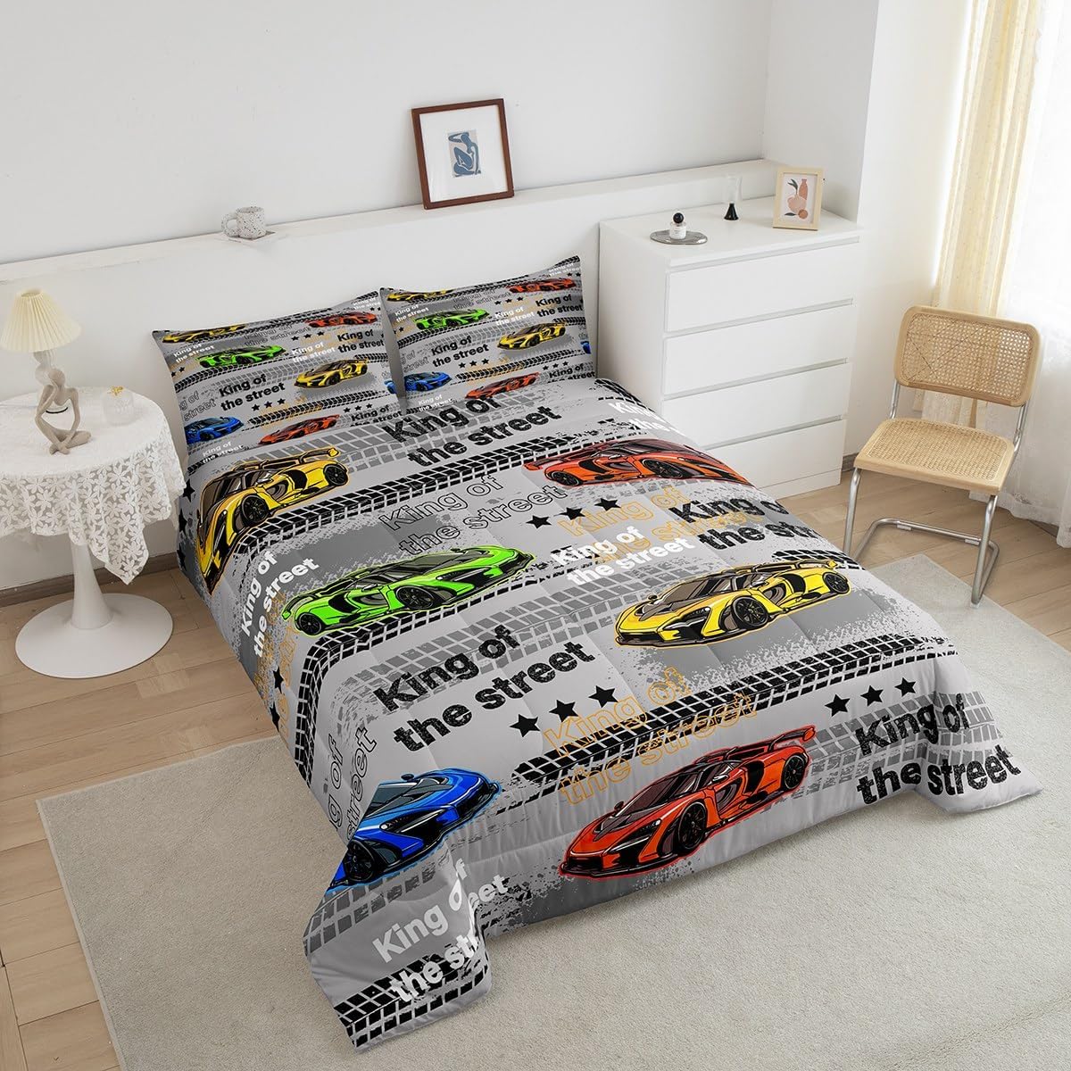 Feelyou Race Car Comforter Set Full Size Kids Speed Sports Car Bedding Set for Boys Girls Teens Racing Car Comforter Breathable Extreme Sports Duvet Set Wheel Print Quilt Set