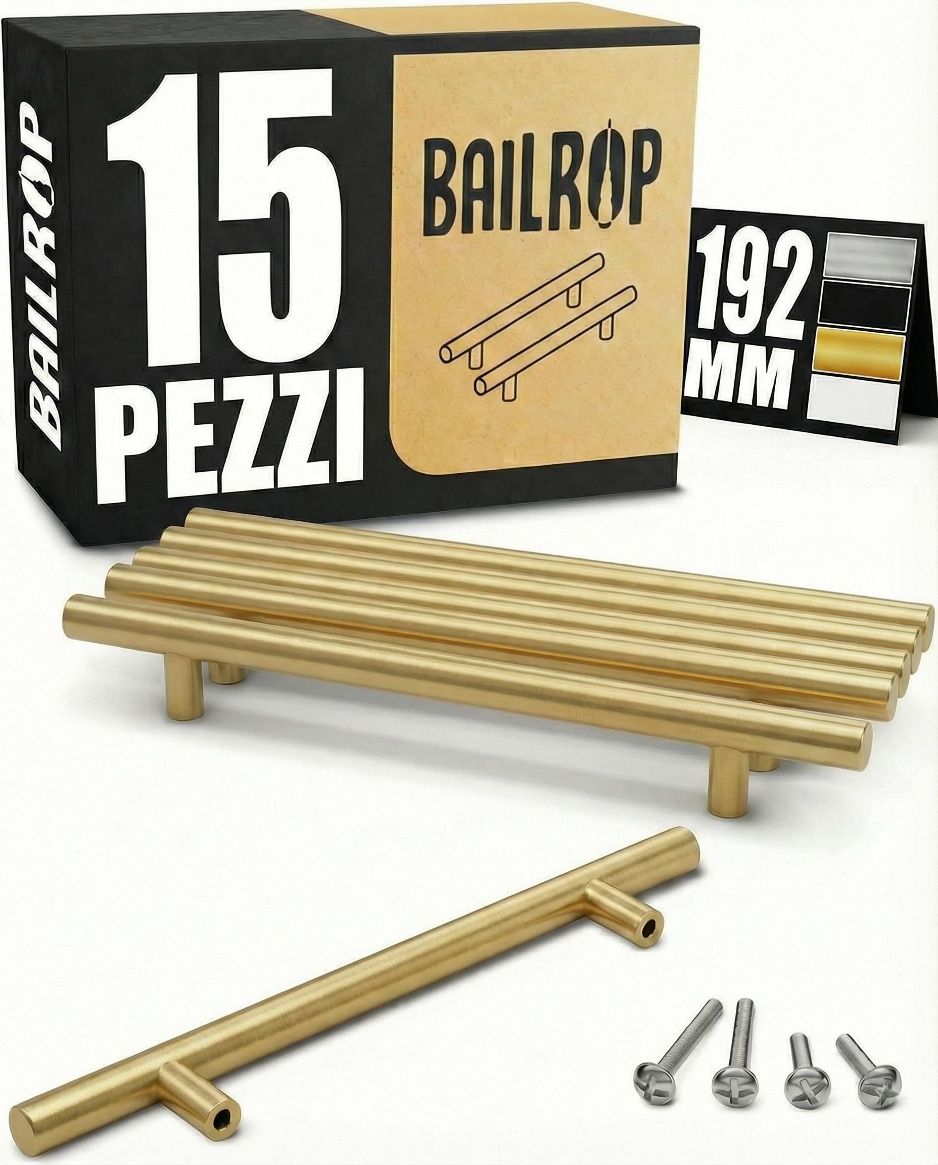 BAILROP Gold Kitchen Furniture Handles 192 mm Stainless Steel – Gold Kitchen Handles Elegance Stainless Steel – Spare Parts and Handles for Kitchen Cabinets, 15 Pieces — image 1