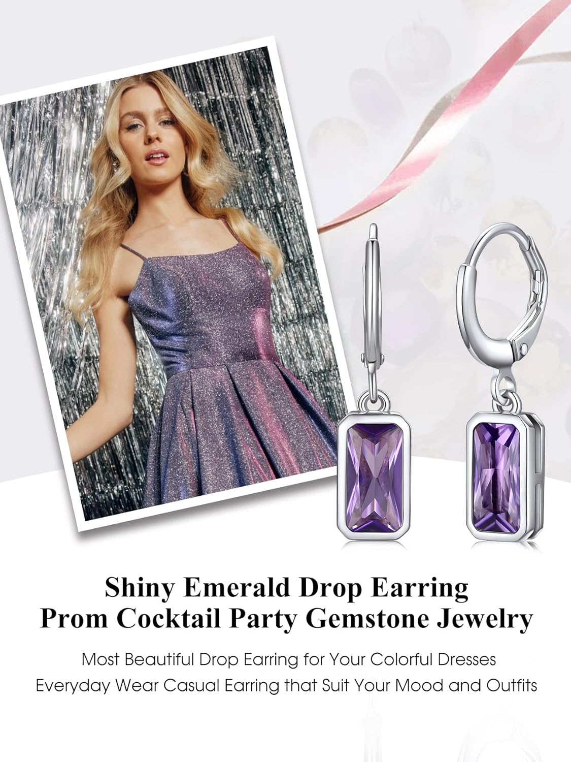 Bestyle Sterling Silver Small Dainty Birthstone Drop Earrings for Women with Rectangular Baguette Crystal & Huggie Hoop Silver Dangle Earring for Wedding Birthday Everyday Wear - Image 4