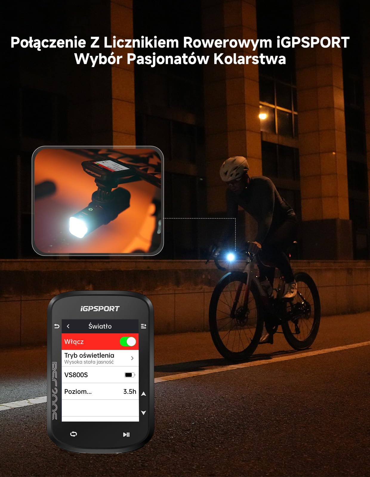 iGPSPORT VS800S Inteligentna Przednie Światła Rowerowe 800 LM, Bateria 4000 MAh, Auto Włącz/Wyłącz, Sterowanie Pilotem, 6 Trybów Światła, Antywstrząsowa, Antyodblaskowa, USB-C, Wodoodporność IPX6