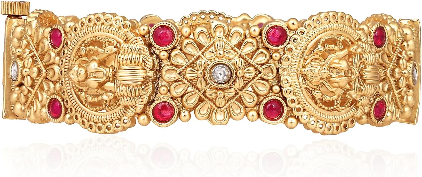 Aheli Gold Plated Goddess Laxmi Thick Synthetic Stone Studded Single Piece Openable Kada Bangle Antique Jewellery Gift for Women