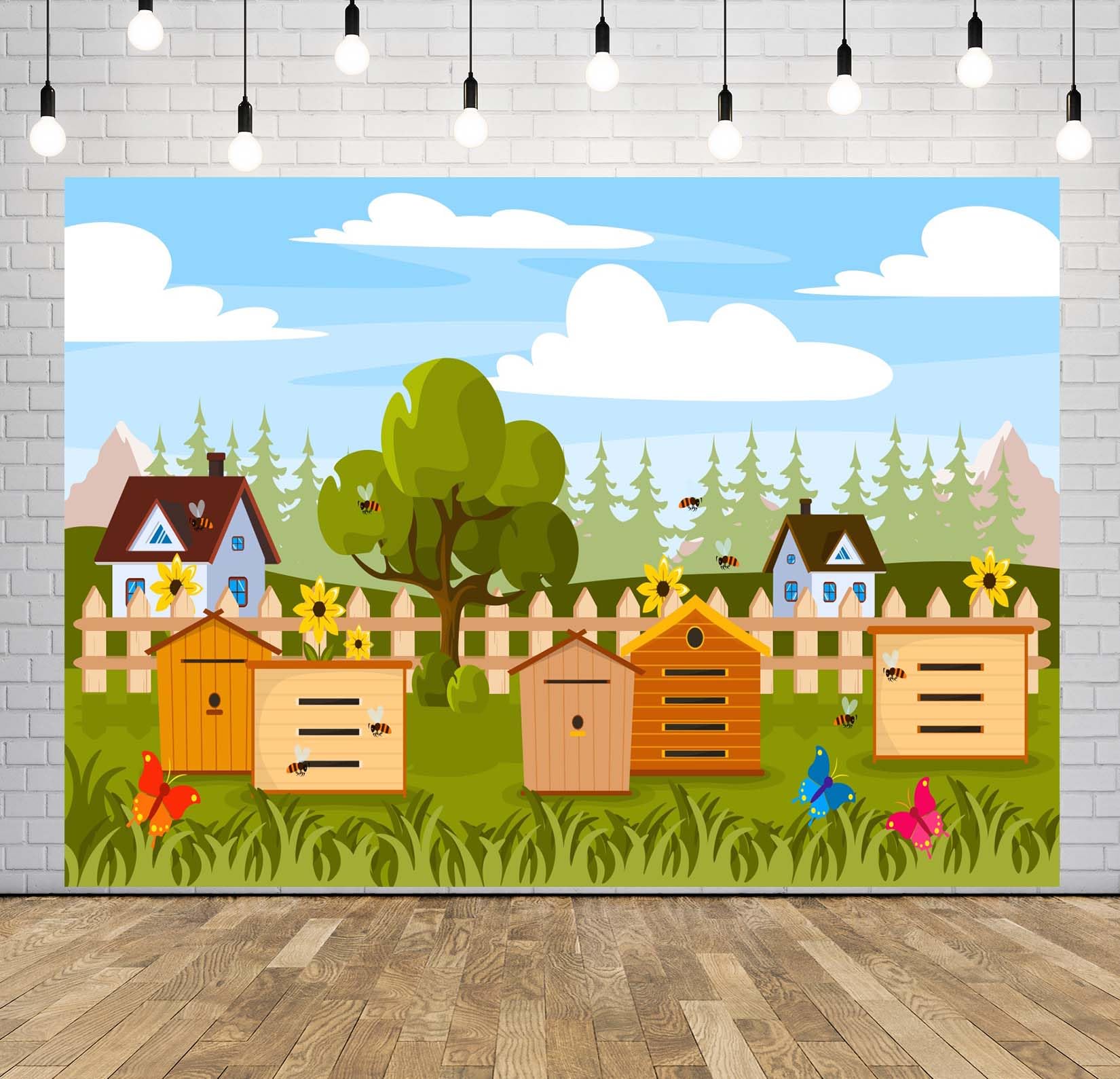 BELECO 3.6x2.5m Telo sfondo apiario campestre | Api cartoon alveari girasoli farfalle prato fattoria sfondo tema api miele compleanno bimbi accessori foto
