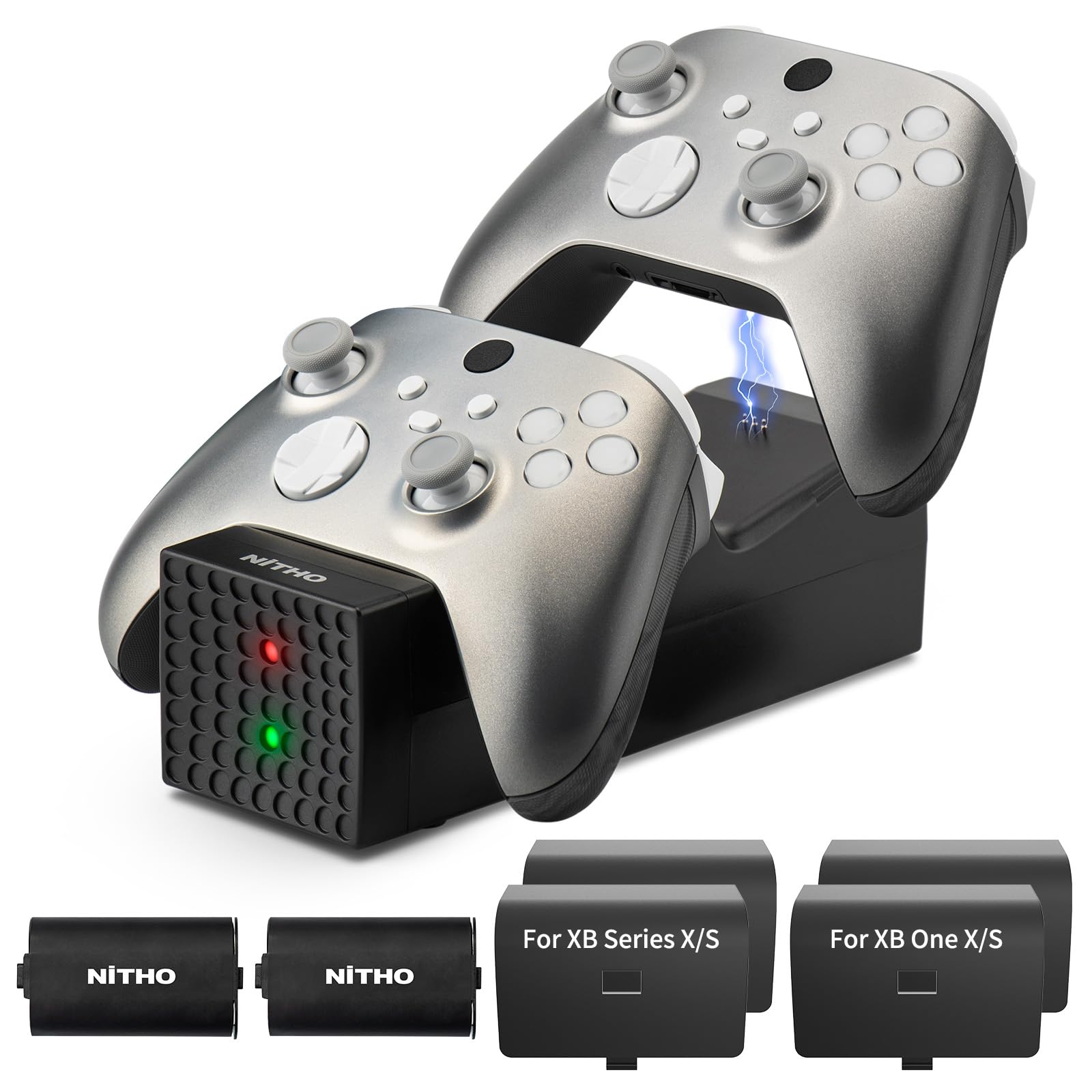 Nitho Controller Charging Station with 2 Rechargeable Battery Packs, Compatible with Xbox Series X|S, Xbox One/One X/S Elite, Dual Charging Dock, USB-C Cable Included, Grey