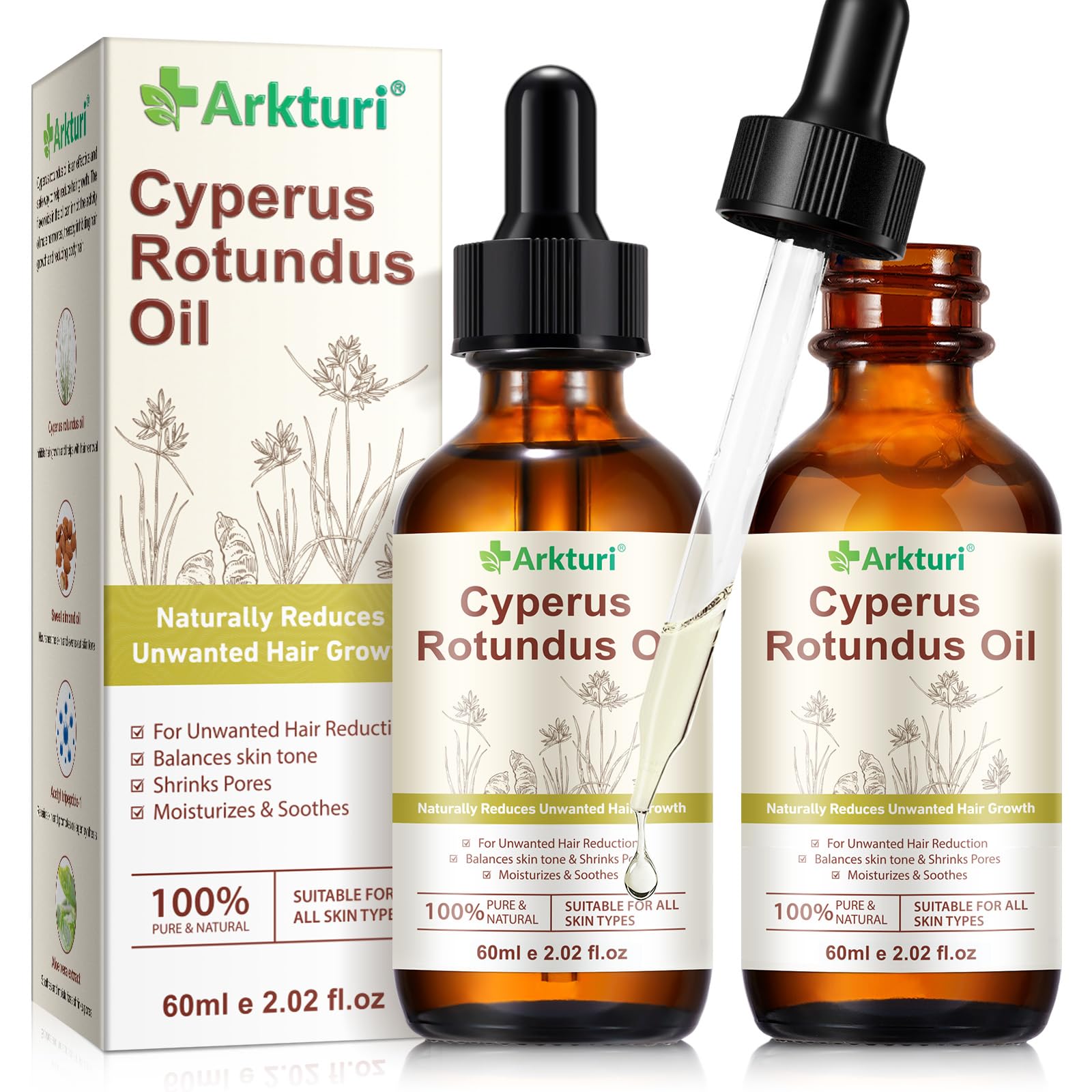 Cyperus Rotundus Aceite de depilación 60 ml – Inhibidor natural del crecimiento del vello para cara, piernas y zona de bikini, aceite de hierbas suave para reducir el vello para mujeres y hombres (2)