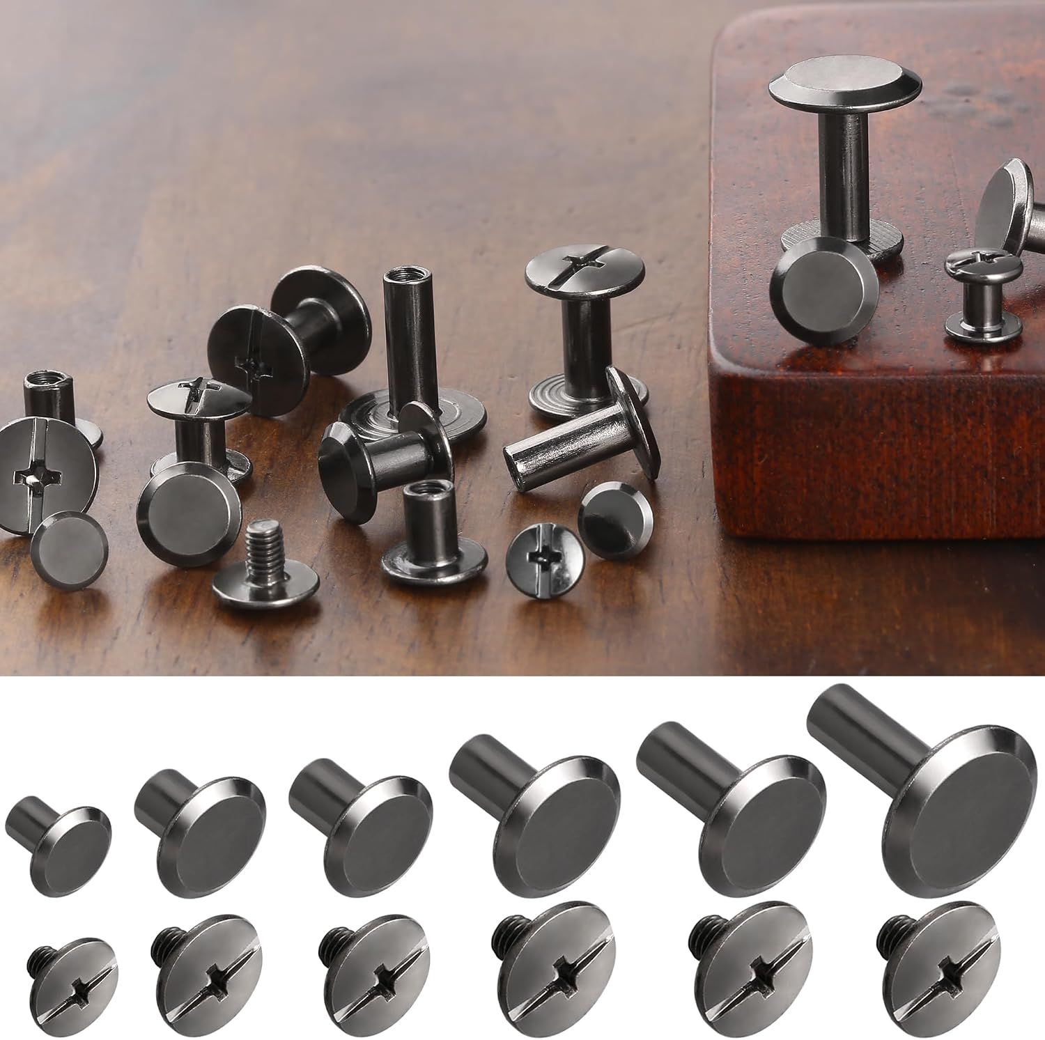 YORANYO 140 Sets Chicago Screws Leather Rivets Kit for Fabric Leather Crafting 6 Sizes Chicago Binding Screws for Decorate and Repair Belt Bag Shoes Purse Pet Collar Clothing Bookbinding (Gun-Metal)